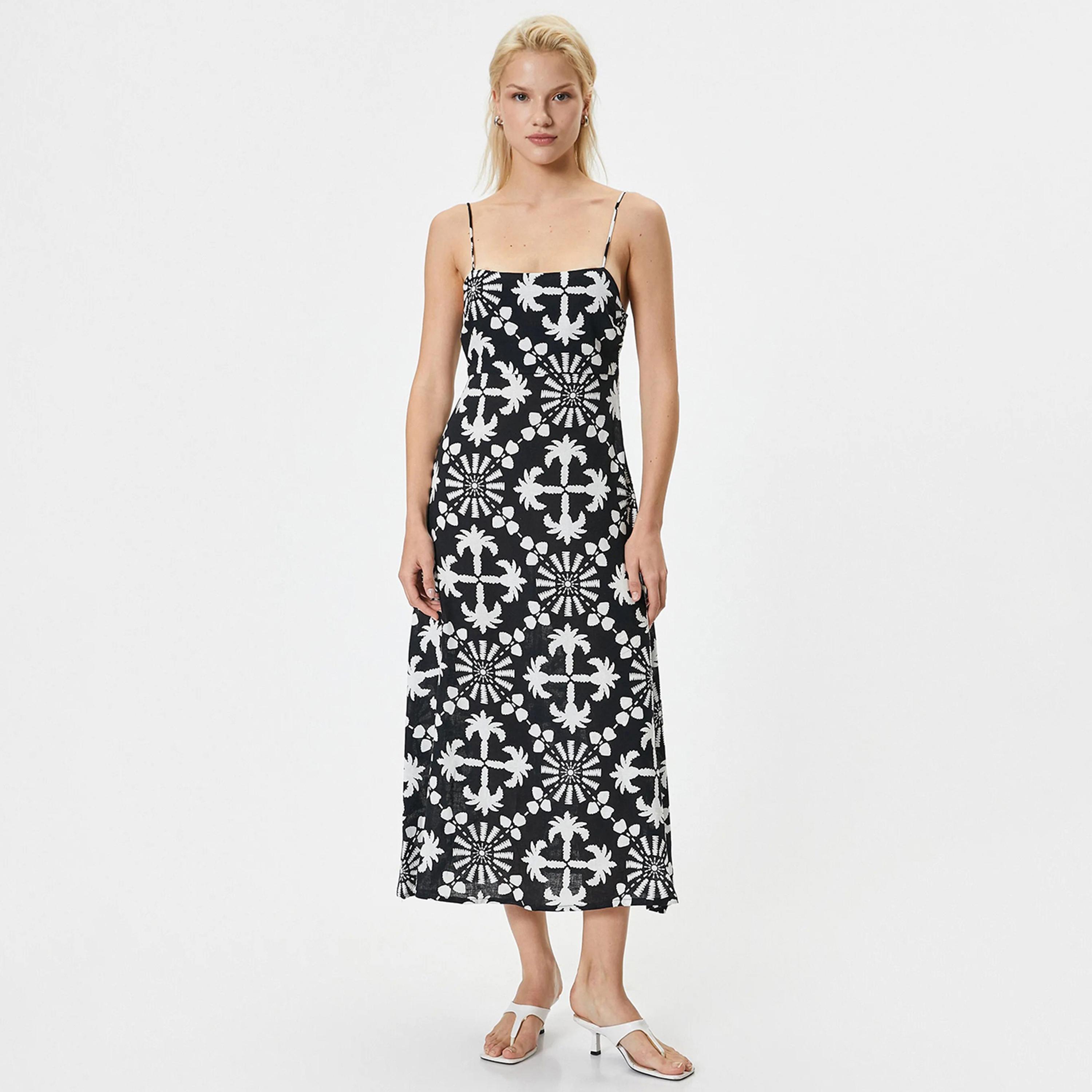 KOTON Black Printed Shoulder Straps Women's Midi Dress-women-clothing-dresses-image-1