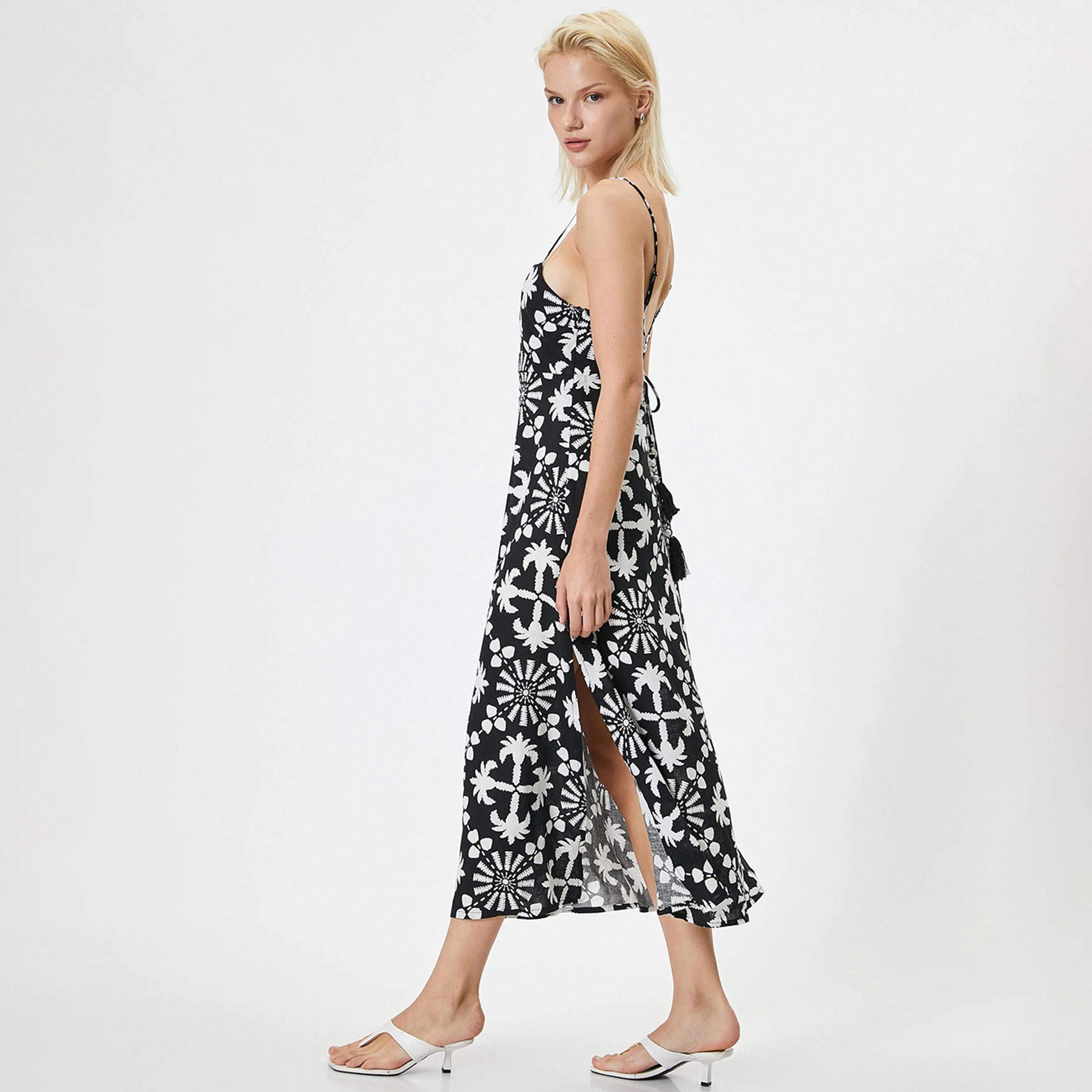 فستان ميدي أسود مطبوع بحمالات كتف للنساء من كوتون-women-clothing-dresses-image-2