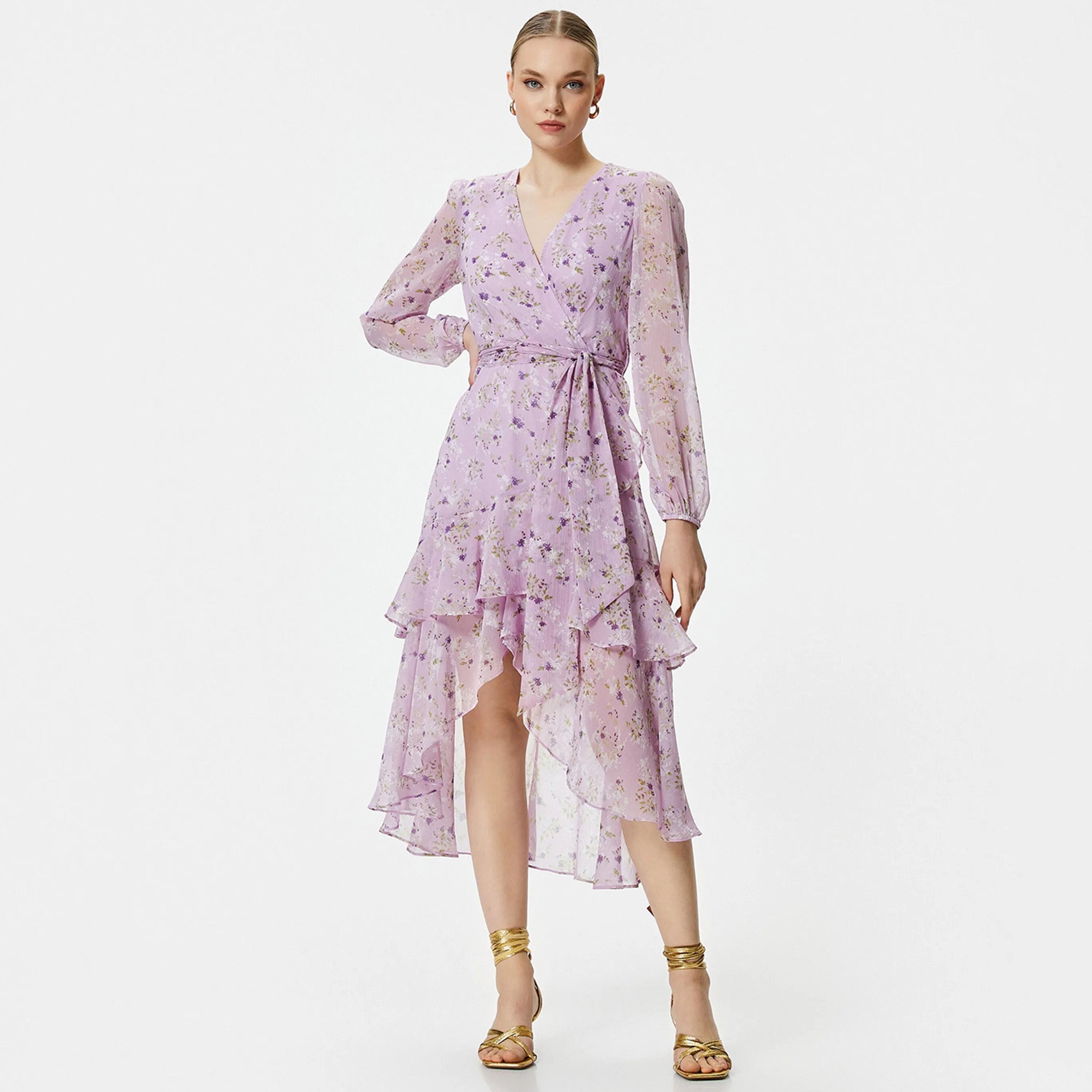 KOTON Purple Floral Print Wrap Women's Midi Dress-women-clothing-dresses-image-1