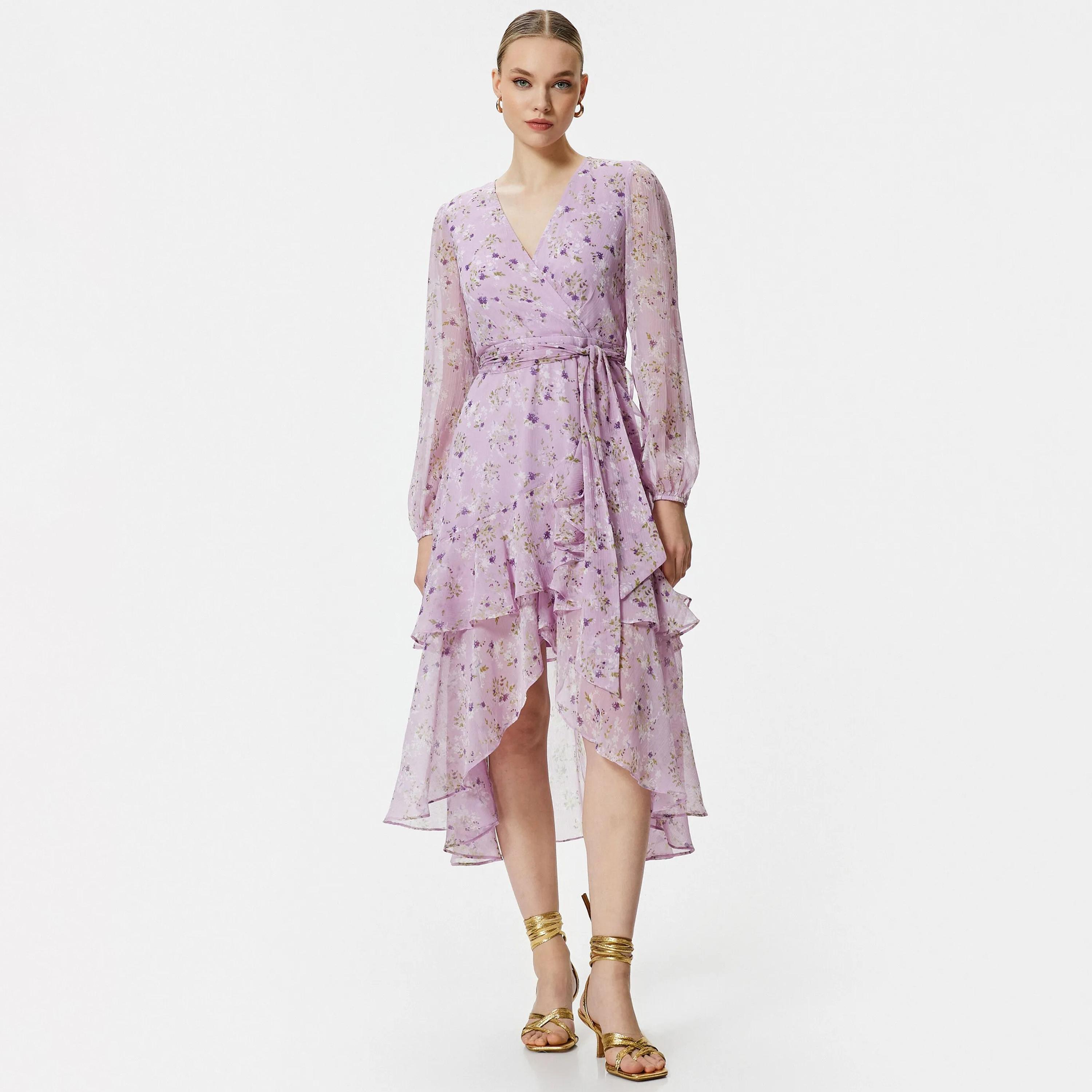 KOTON Purple Floral Print Wrap Women's Midi Dress-women-clothing-dresses-image-5