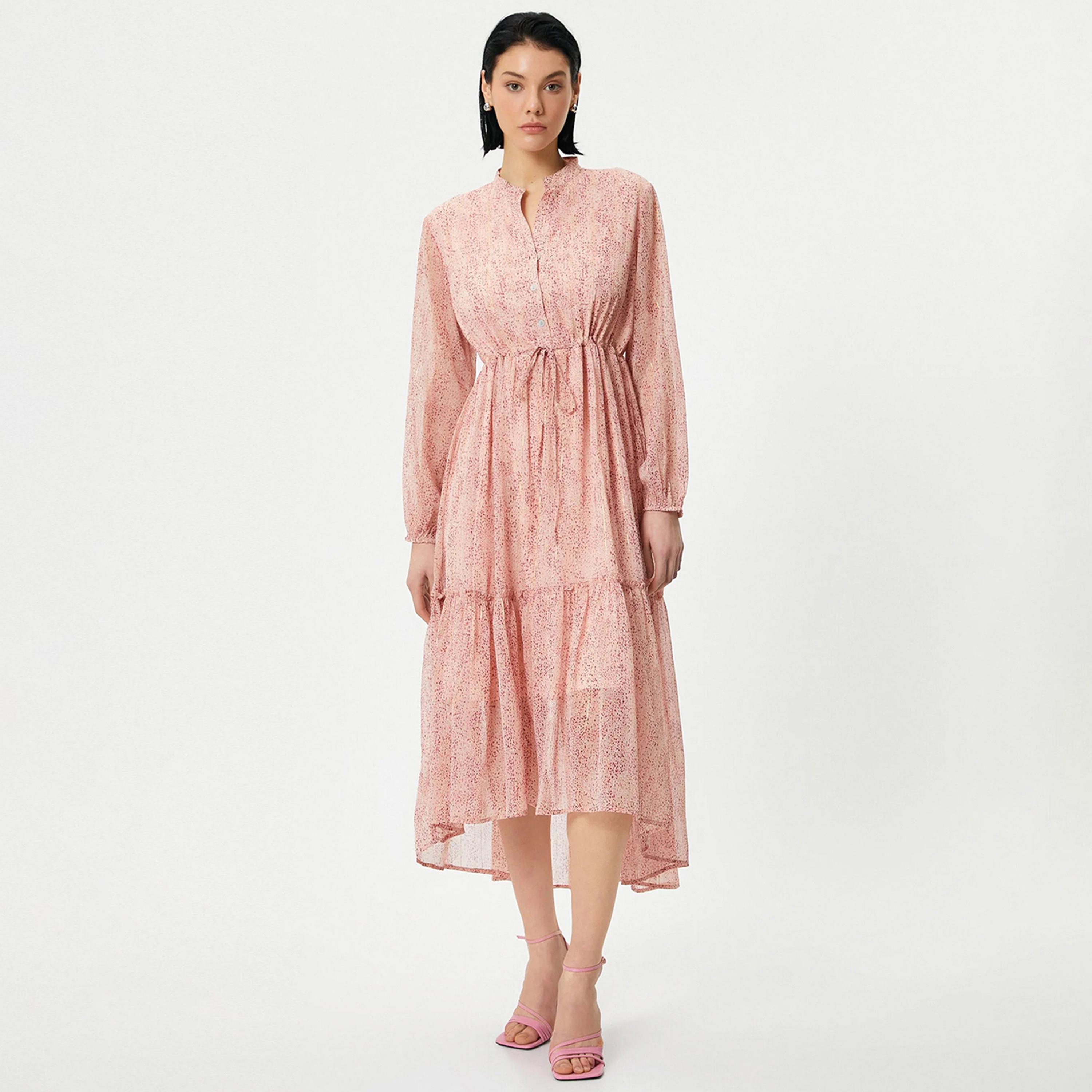 KOTON Pink Printed Mandarin Tiered Women's Midi Dress-women-clothing-dresses-image-1