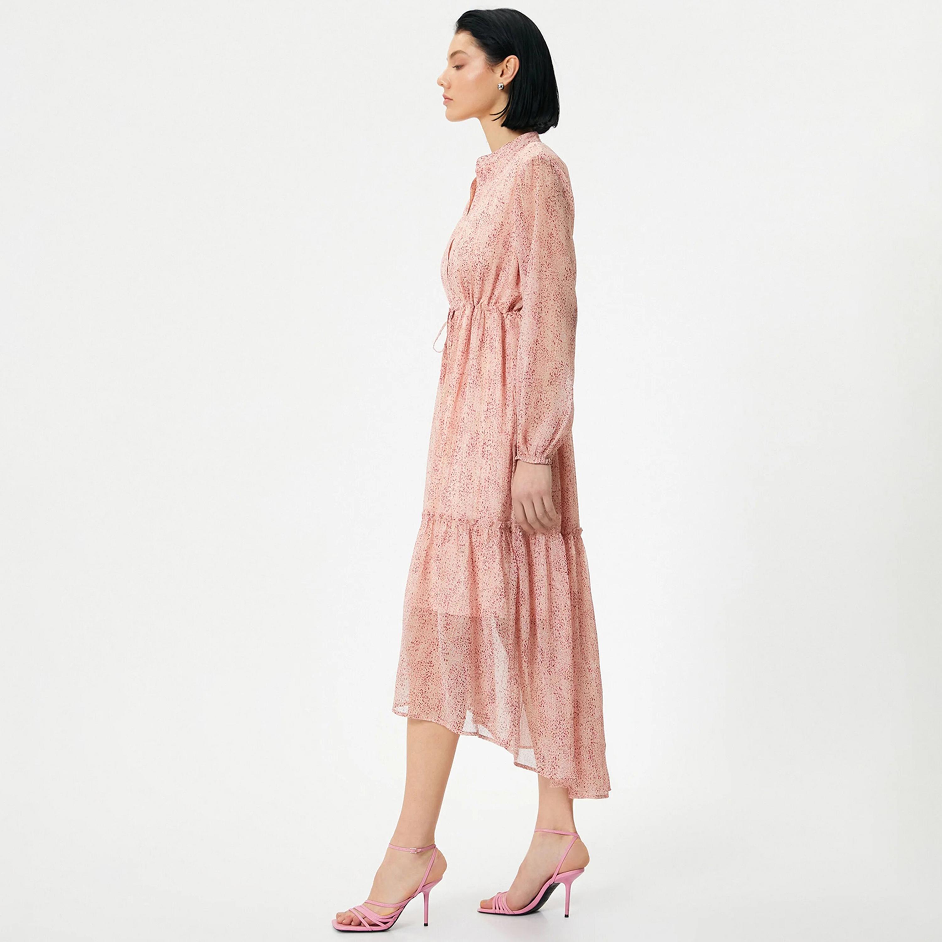 KOTON Pink Printed Mandarin Tiered Women's Midi Dress-women-clothing-dresses-image-2