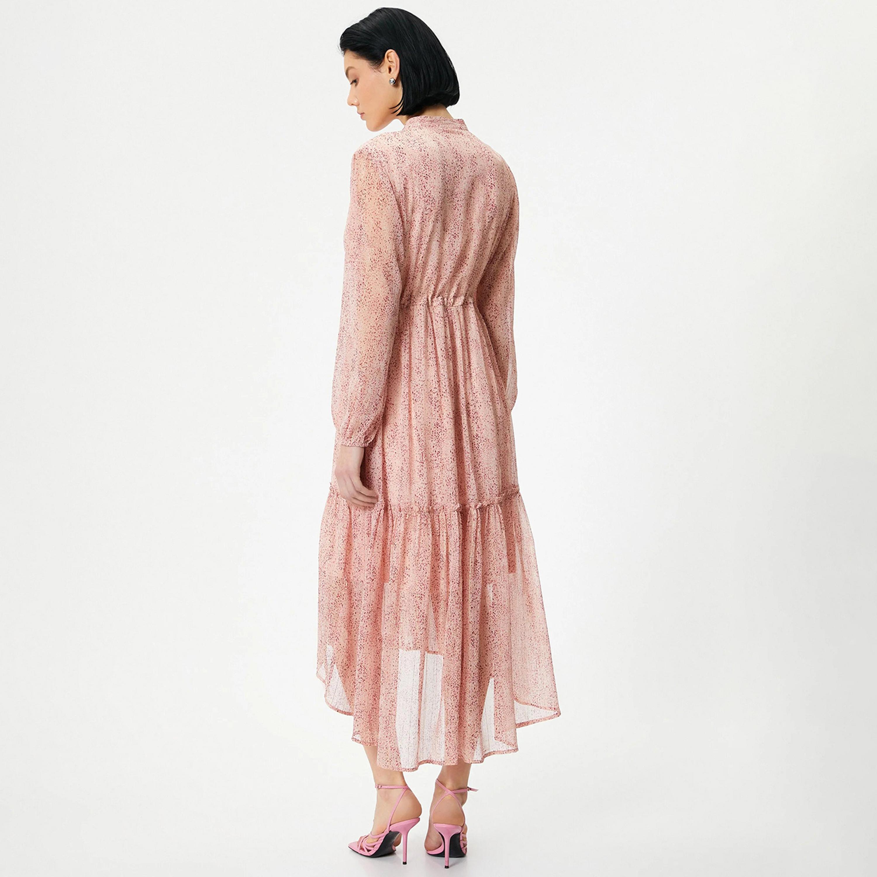 KOTON Pink Printed Mandarin Tiered Women's Midi Dress-women-clothing-dresses-image-3