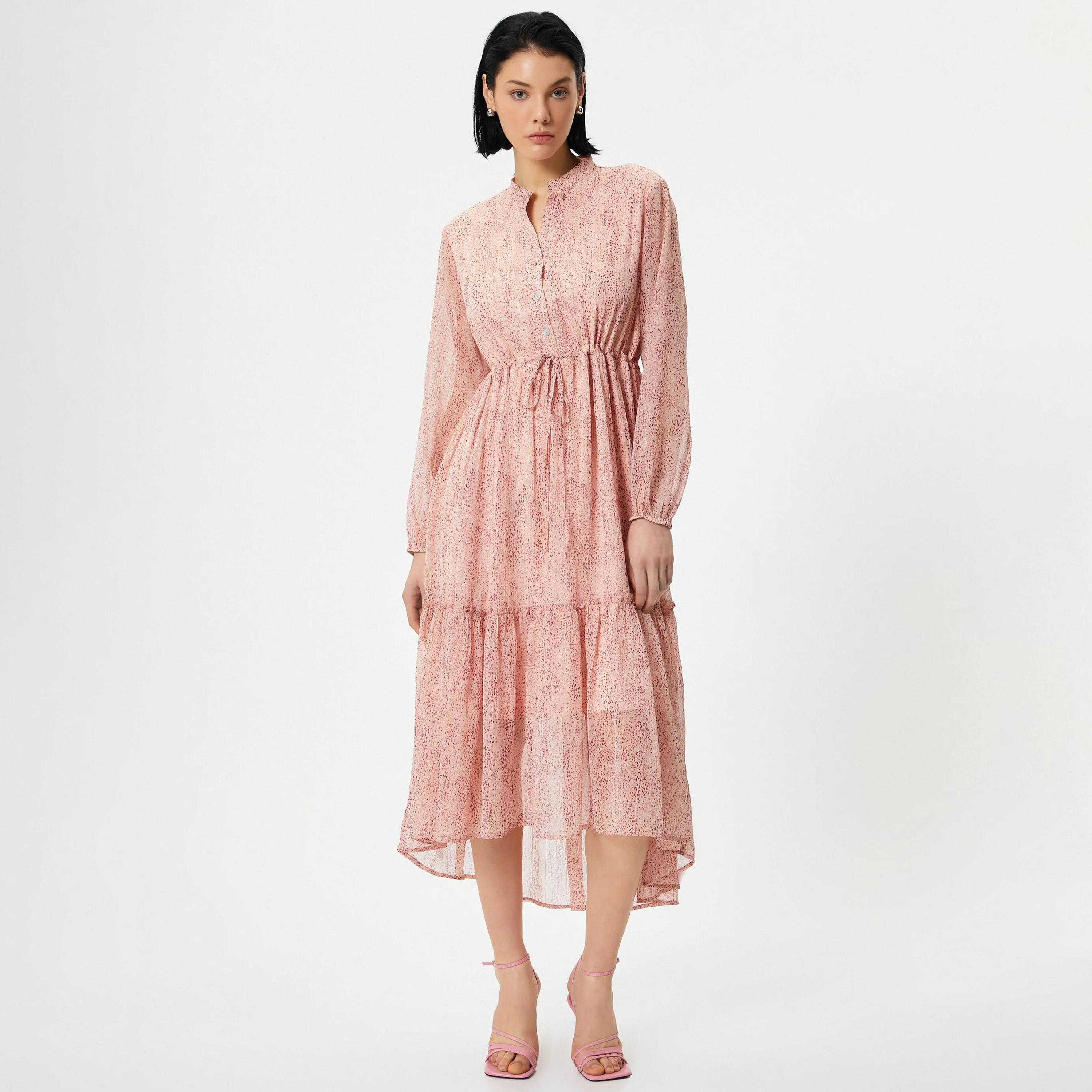 KOTON Pink Printed Mandarin Tiered Women's Midi Dress-women-clothing-dresses-image-5