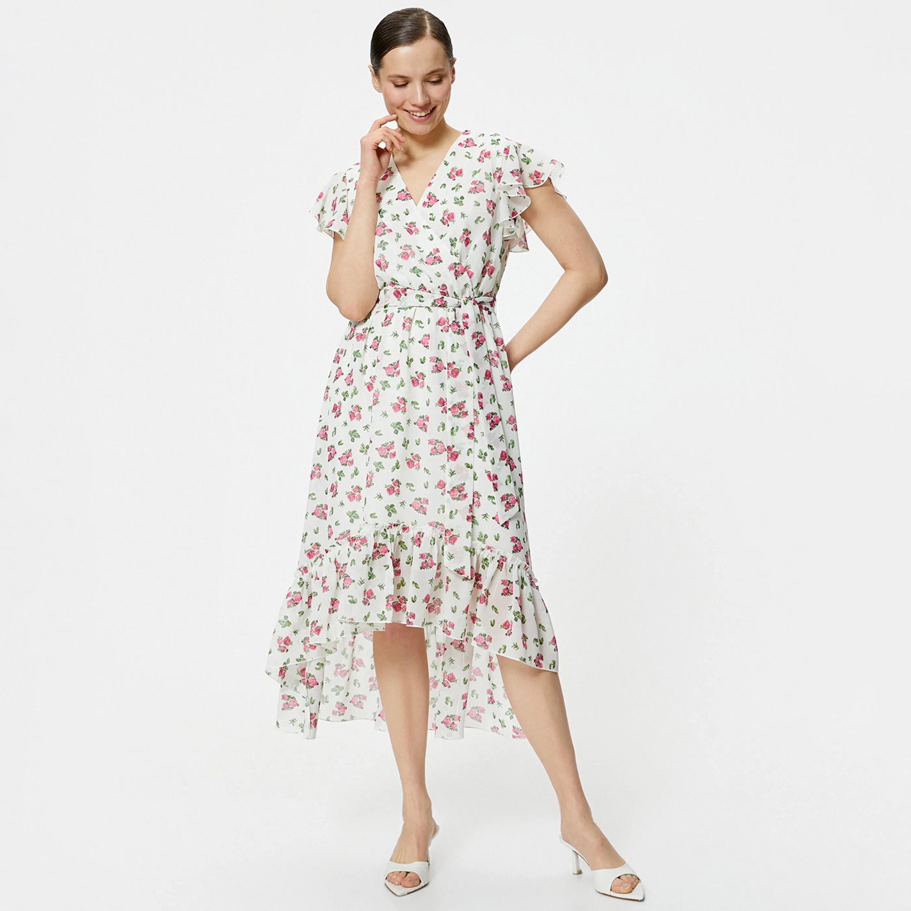KOTON White Floral Print Flutter Sleeves Women's Midi Dress-women-clothing-dresses-image-1
