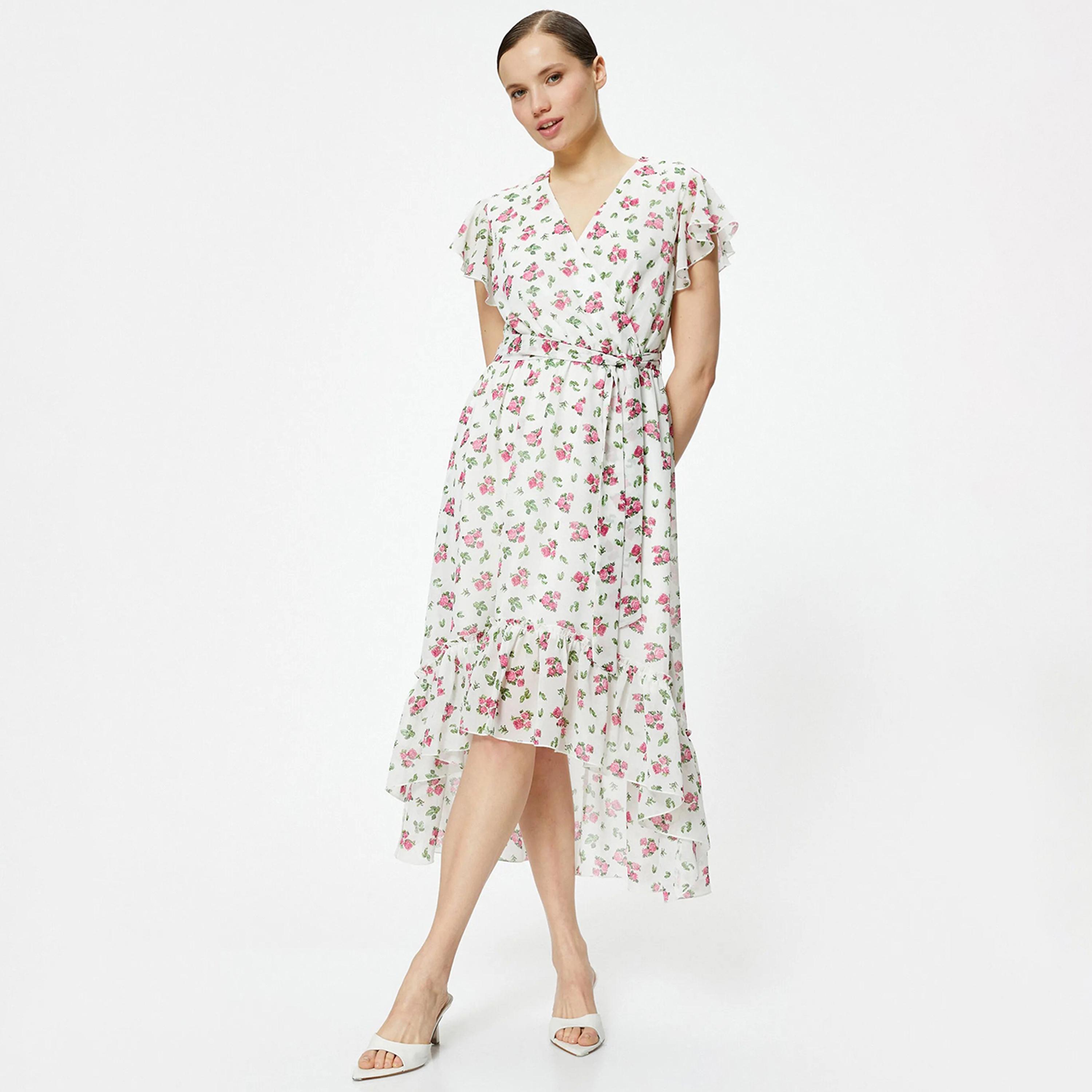 KOTON White Floral Print Flutter Sleeves Women's Midi Dress-women-clothing-dresses-image-2