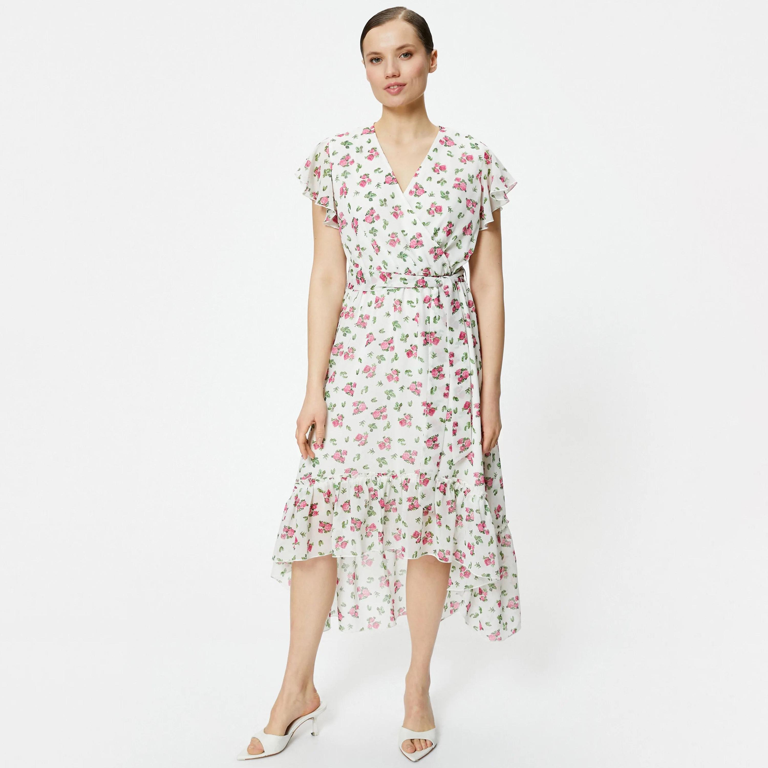 KOTON White Floral Print Flutter Sleeves Women's Midi Dress-women-clothing-dresses-image-5