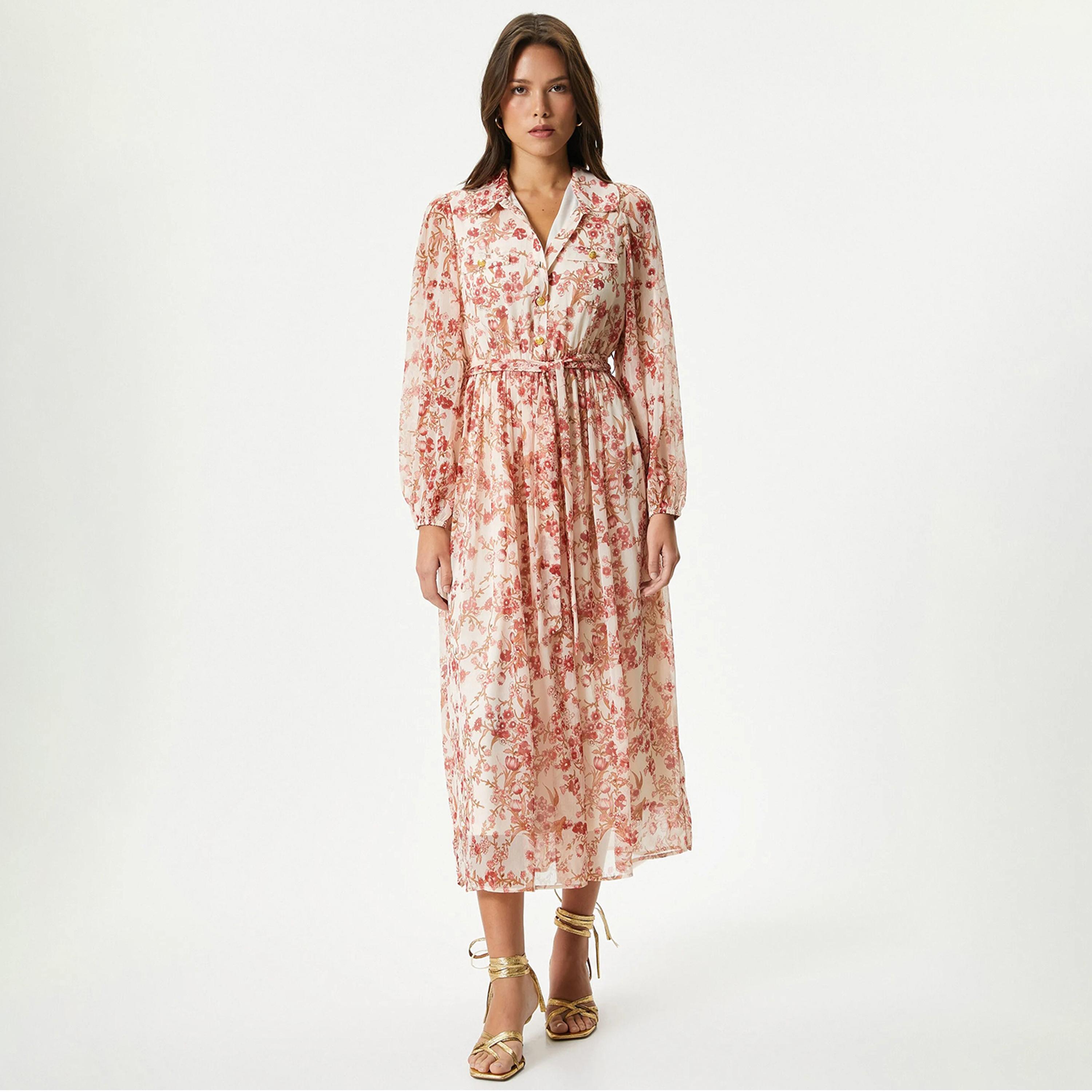 فستان نسائي متوسط الطول بأكمام منفوخة وياقة وطبعة زهور حمراء من كوتون-women-clothing-dresses-image-1