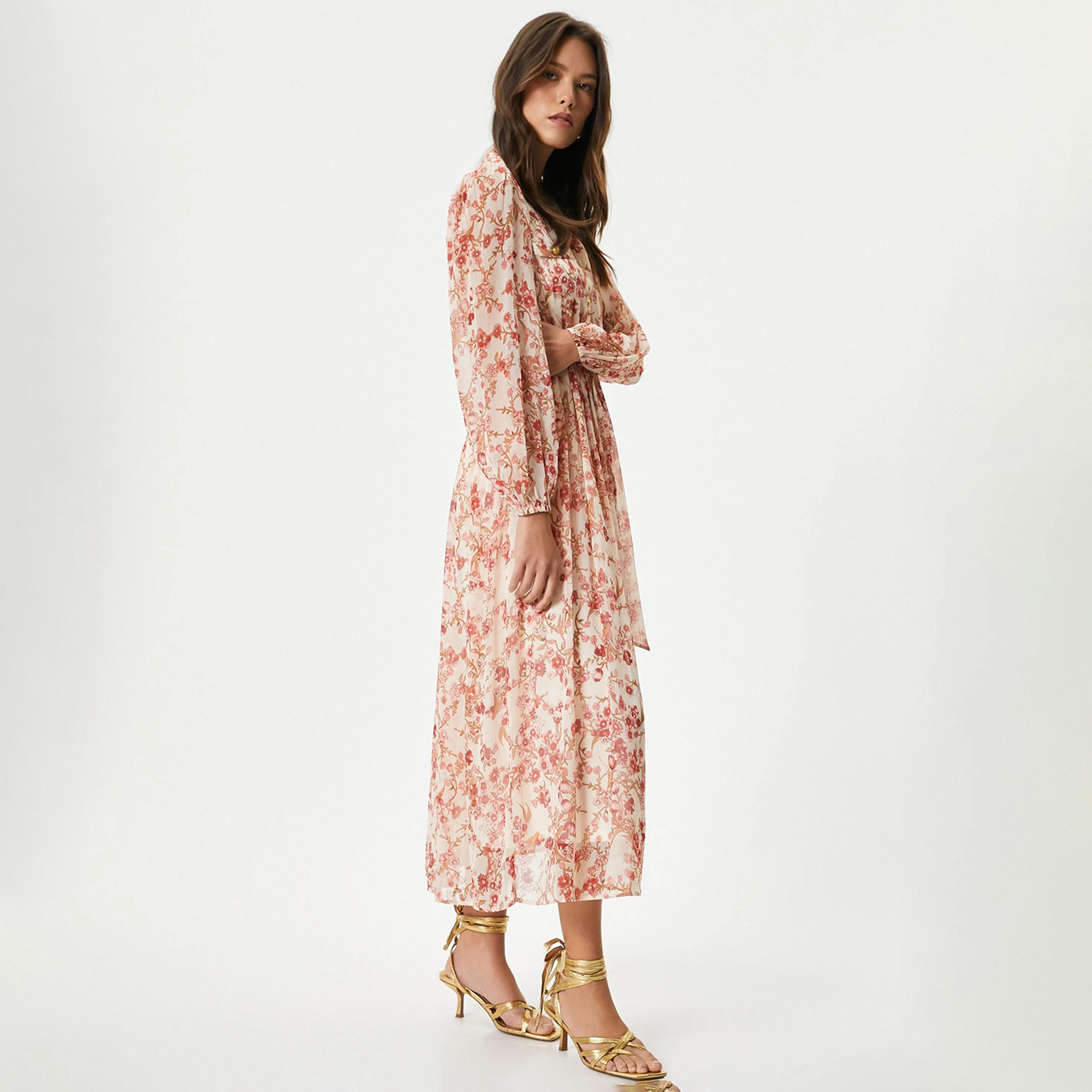 فستان نسائي متوسط الطول بأكمام منفوخة وياقة وطبعة زهور حمراء من كوتون-women-clothing-dresses-image-2