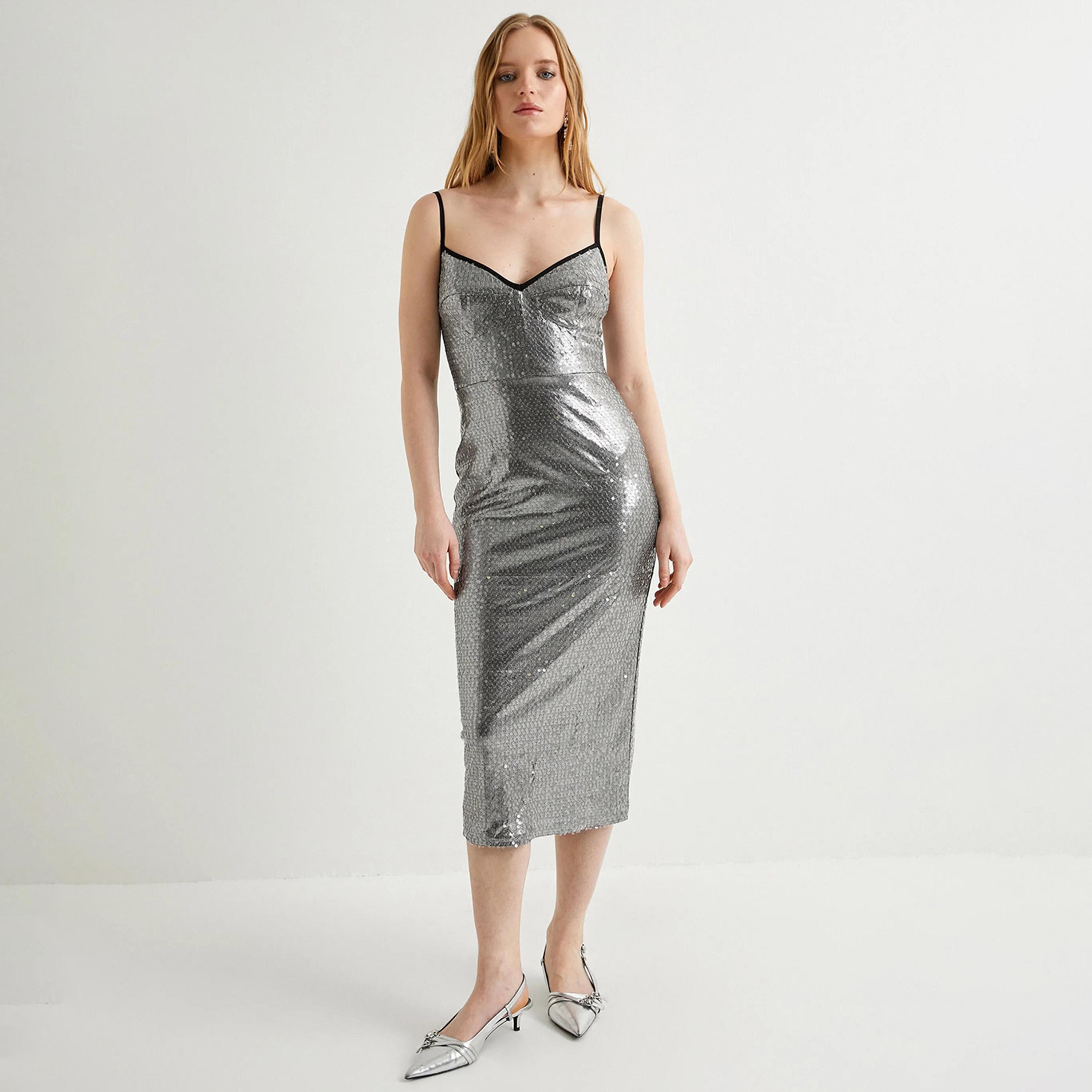 KOTON Silver Sequined Shoulder Straps Bodycon Women's Midi Dress-women-clothing-dresses-image-2