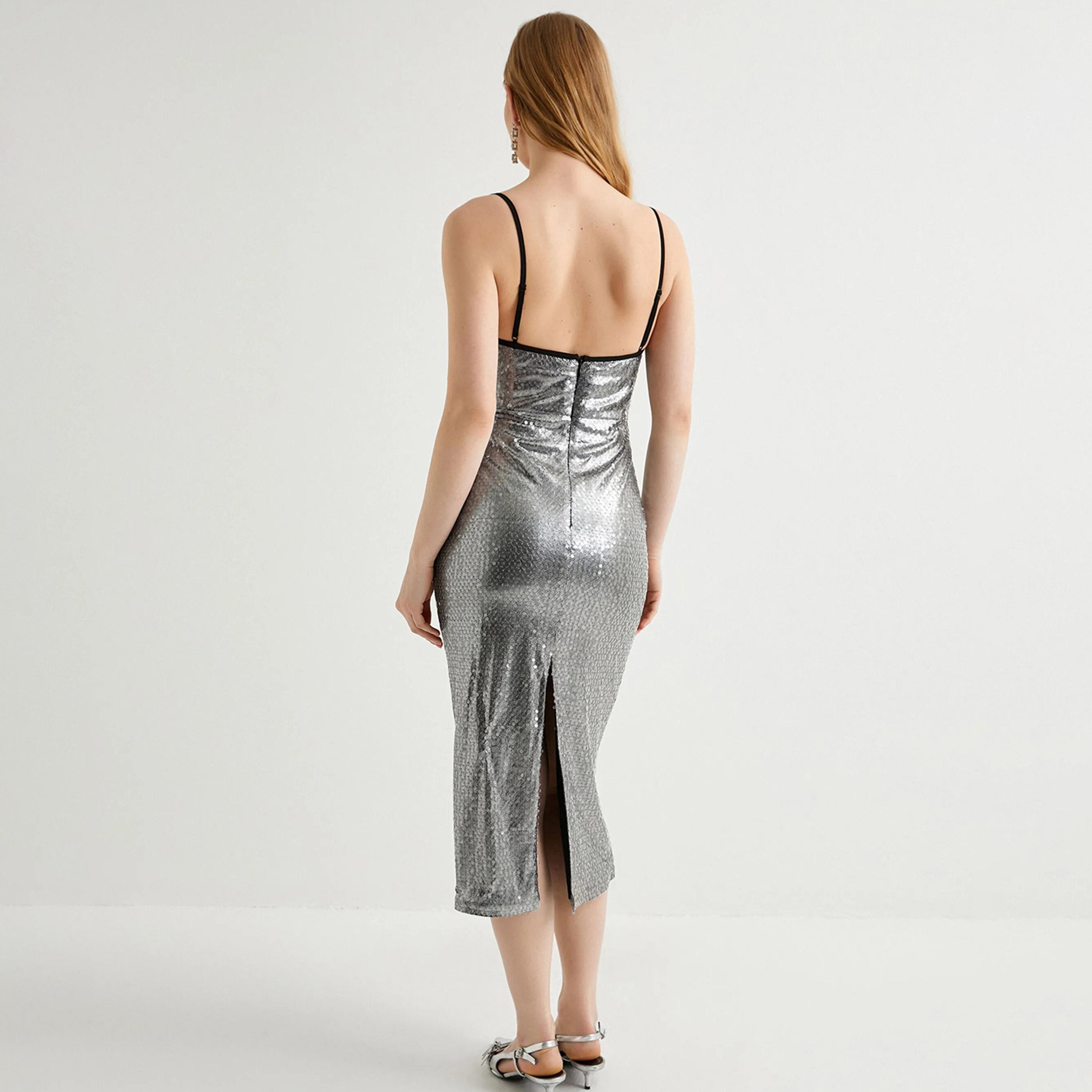 KOTON Silver Sequined Shoulder Straps Bodycon Women's Midi Dress-women-clothing-dresses-image-3
