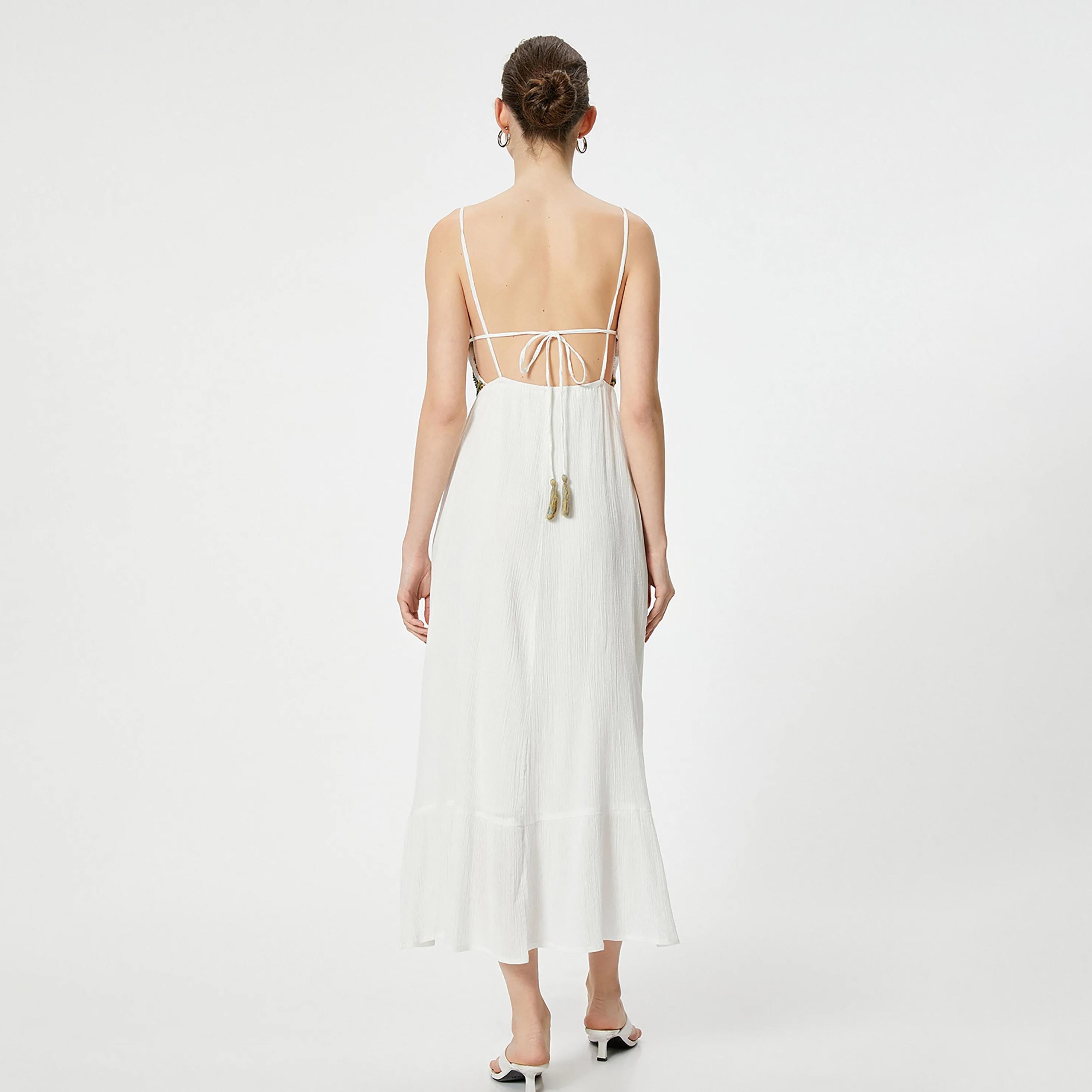 KOTON Beige Embroidered Shoulder Straps Women's Midi Dress-women-clothing-dresses-image-3