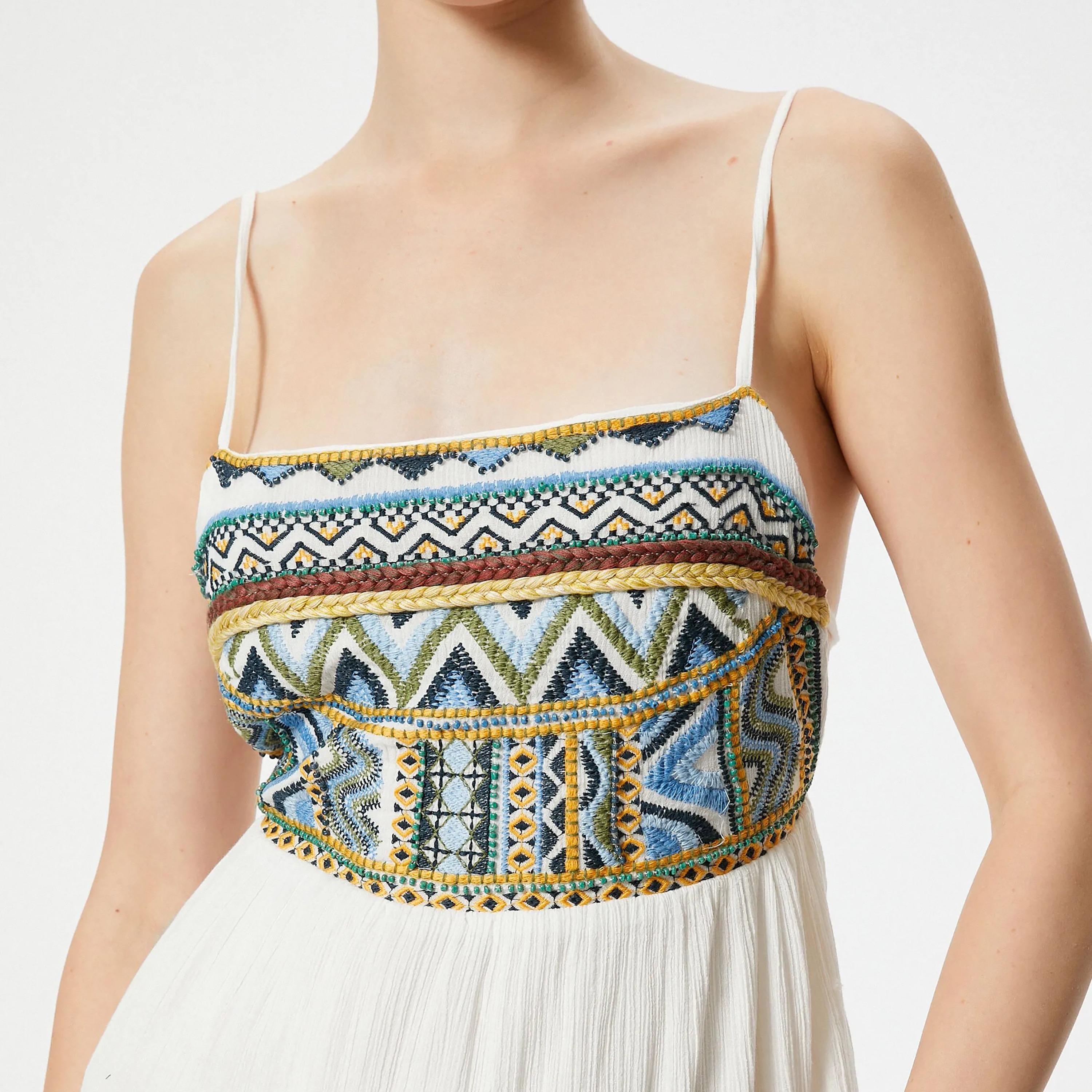 KOTON Beige Embroidered Shoulder Straps Women's Midi Dress-women-clothing-dresses-image-4