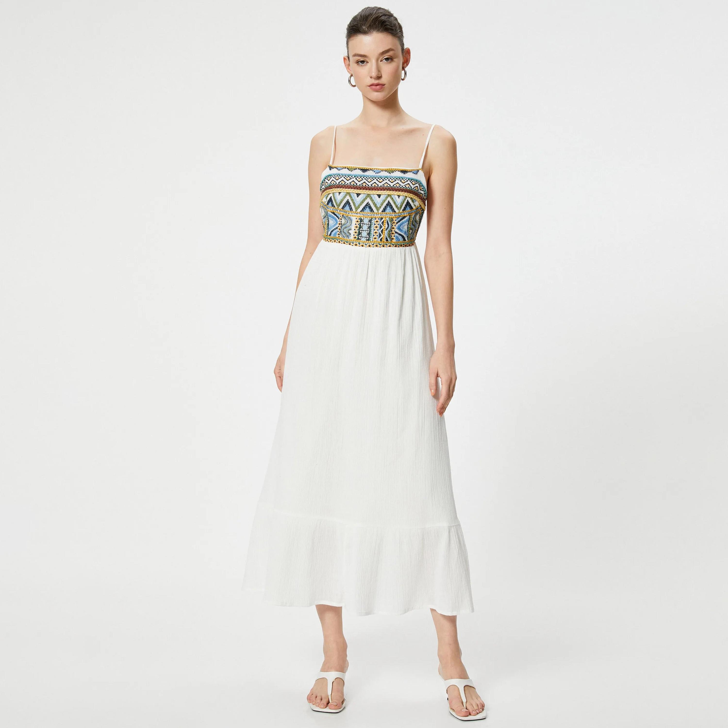 KOTON Beige Embroidered Shoulder Straps Women's Midi Dress-women-clothing-dresses-image-5