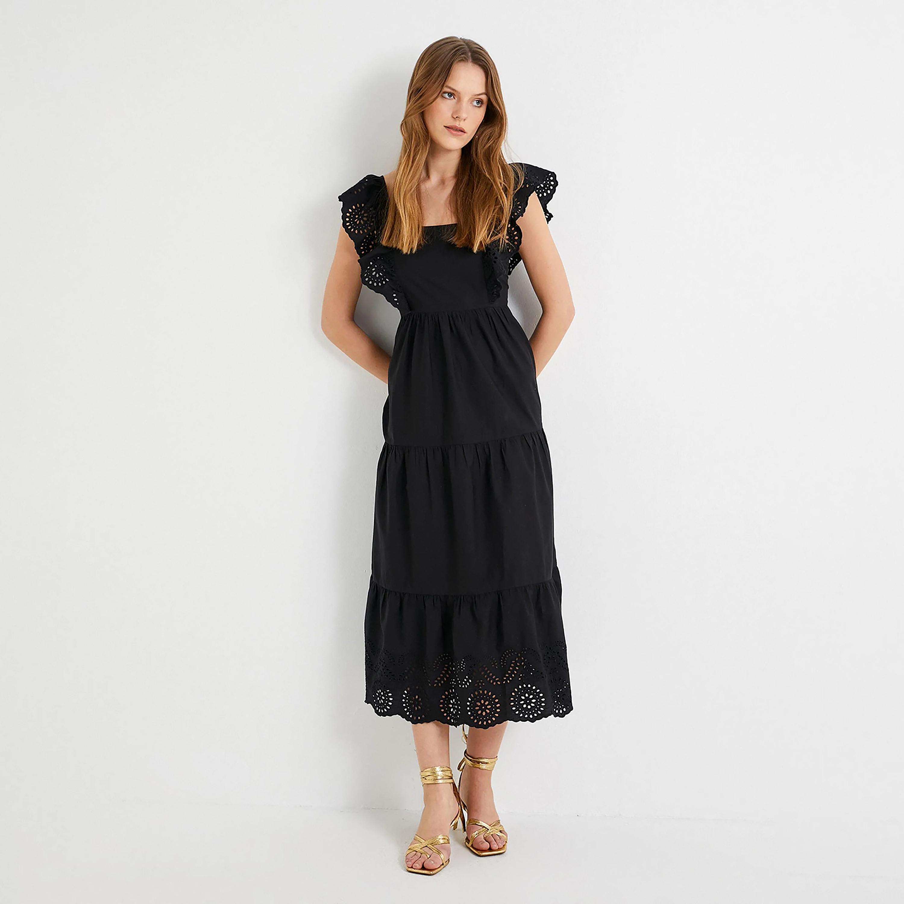 KOTON Black Embroidered Square Neck Tiered Women's Midi Dress-women-clothing-dresses-image-1