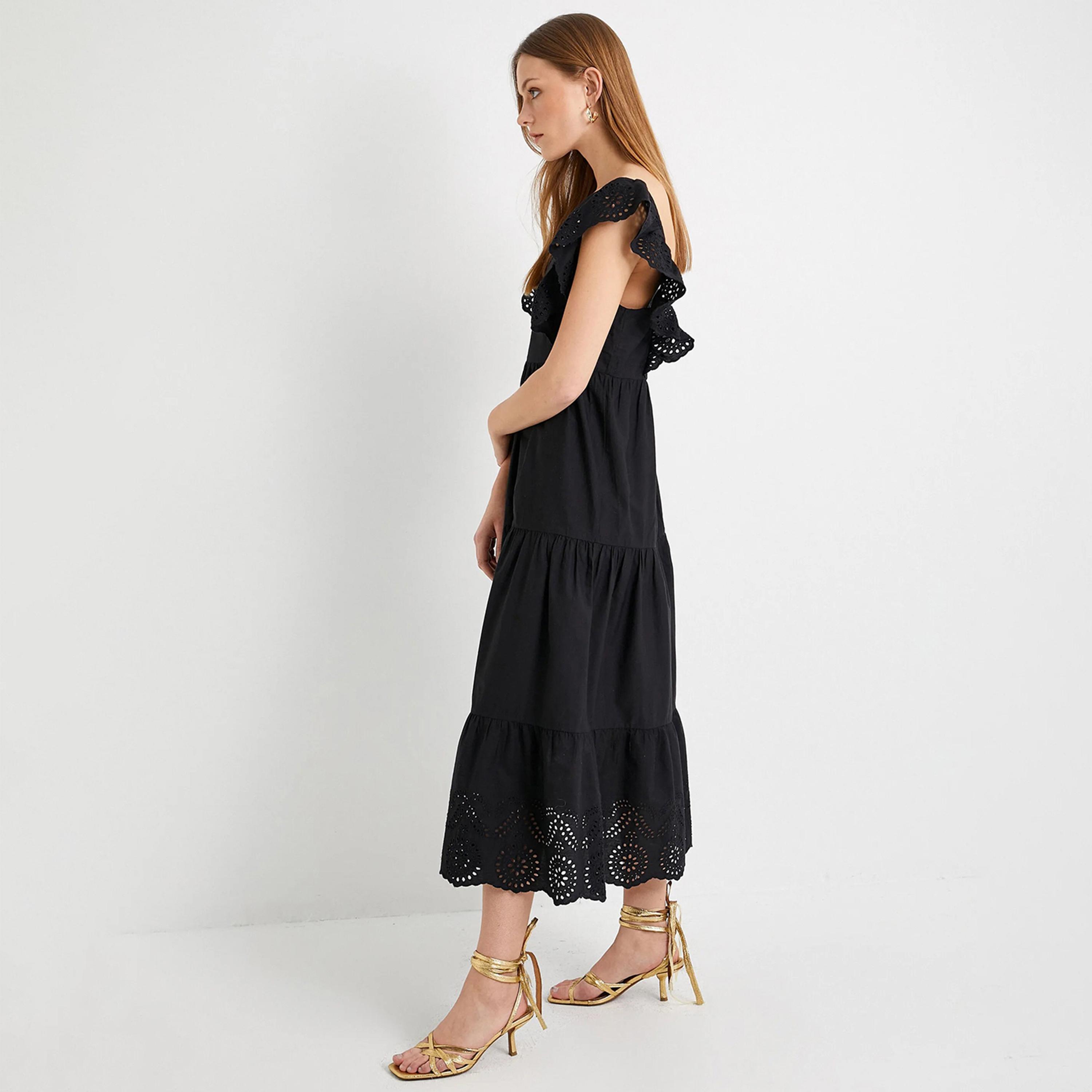 KOTON Black Embroidered Square Neck Tiered Women's Midi Dress-women-clothing-dresses-image-2