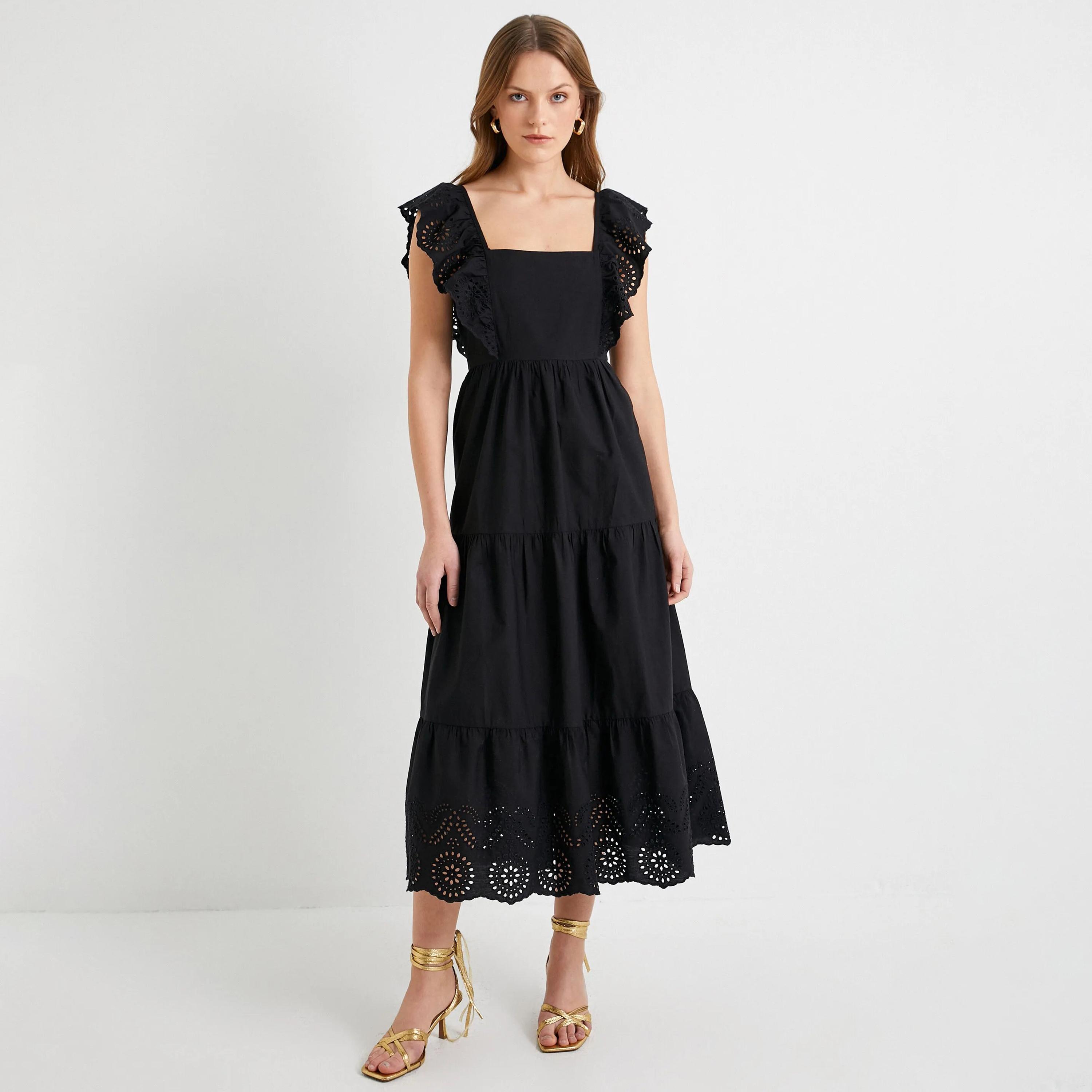 KOTON Black Embroidered Square Neck Tiered Women's Midi Dress-women-clothing-dresses-image-5