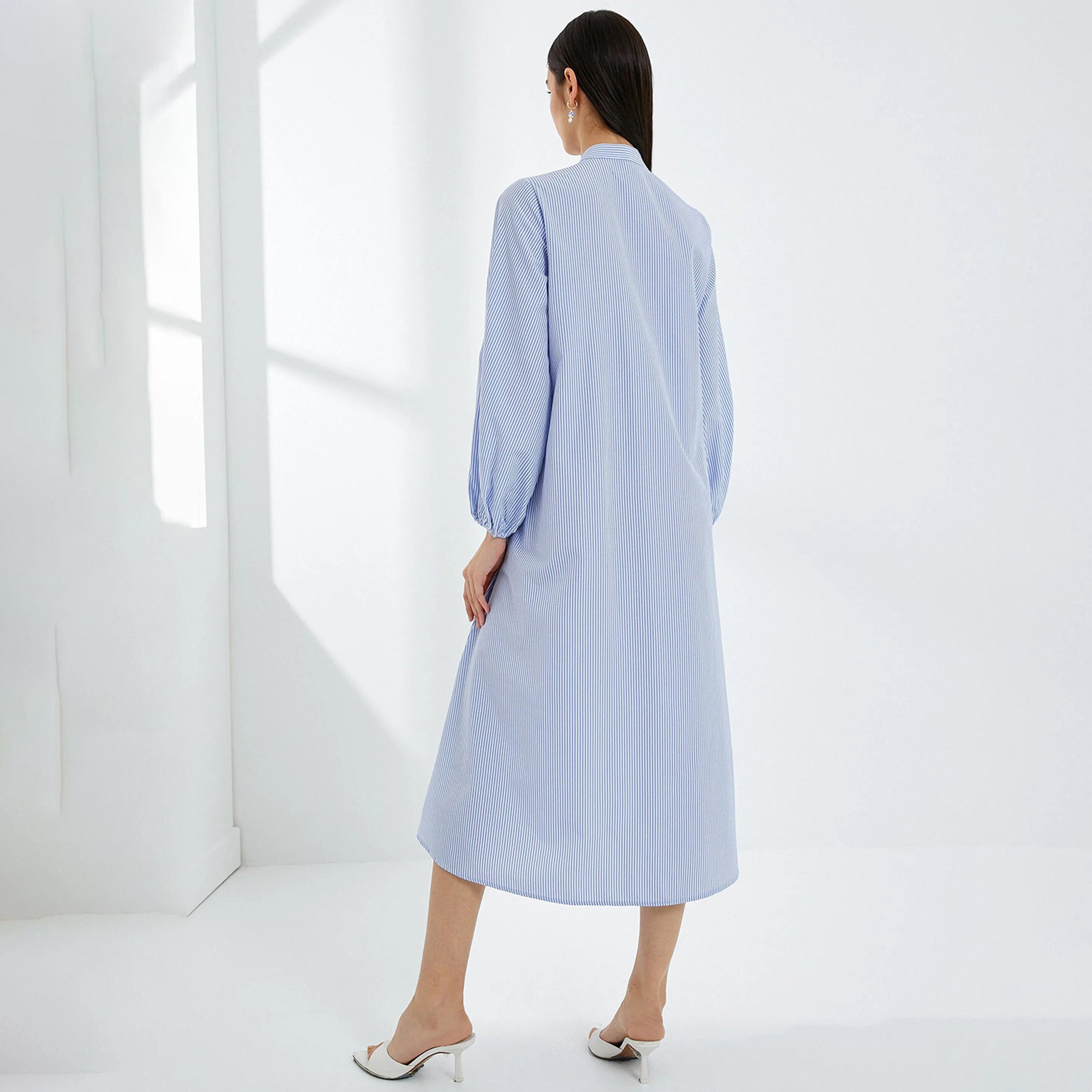 فستان قميص نسائي متوسط الطول بأكمام منفوخة ومخطط باللون الأزرق من كوتون-women-clothing-dresses-image-3