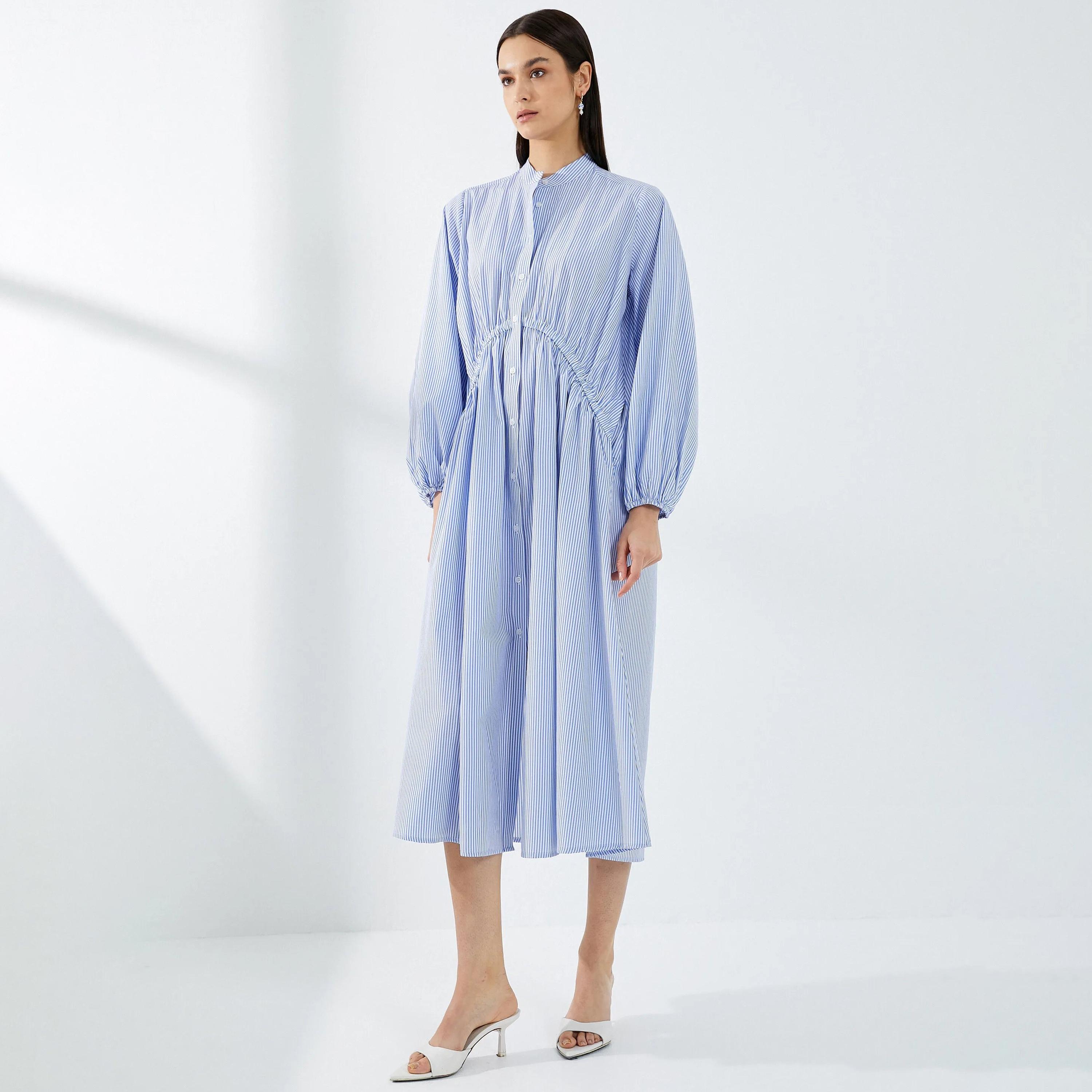 KOTON Blue Striped Mandarin Balloon Sleeves Women's Midi Shirt Dress-women-clothing-dresses-image-5