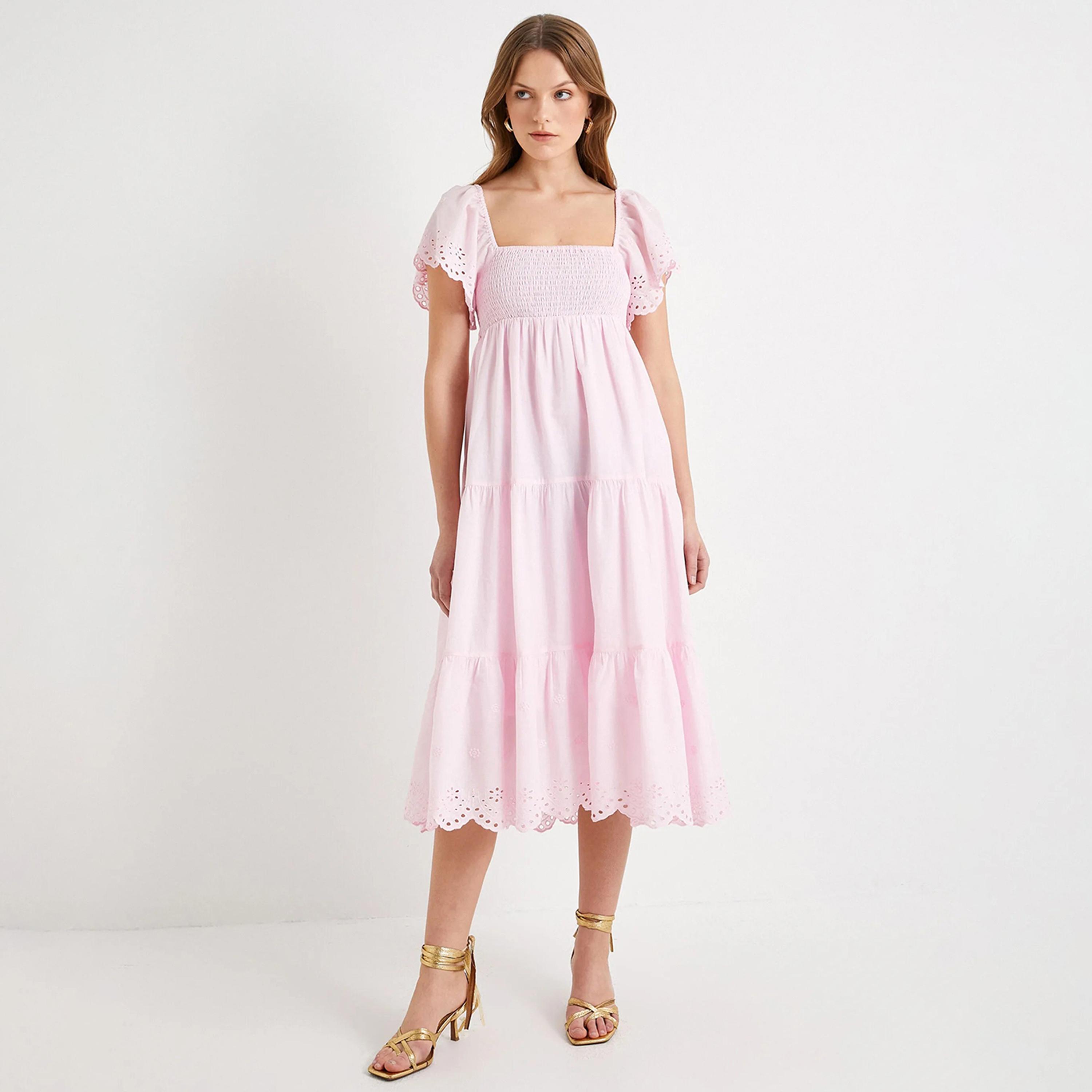 فستان نسائي متوسط الطول وردي اللون، بأكمام صدفية ورقبة مربعة من كوتون-women-clothing-dresses-image-1