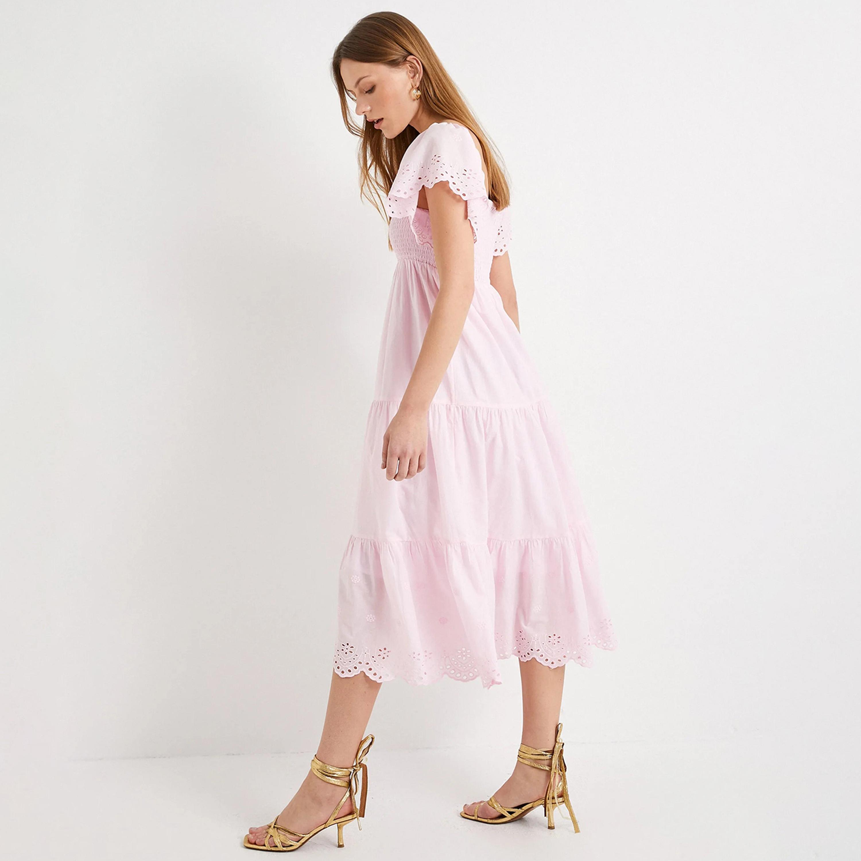 فستان نسائي متوسط الطول وردي اللون، بأكمام صدفية ورقبة مربعة من كوتون-women-clothing-dresses-image-2