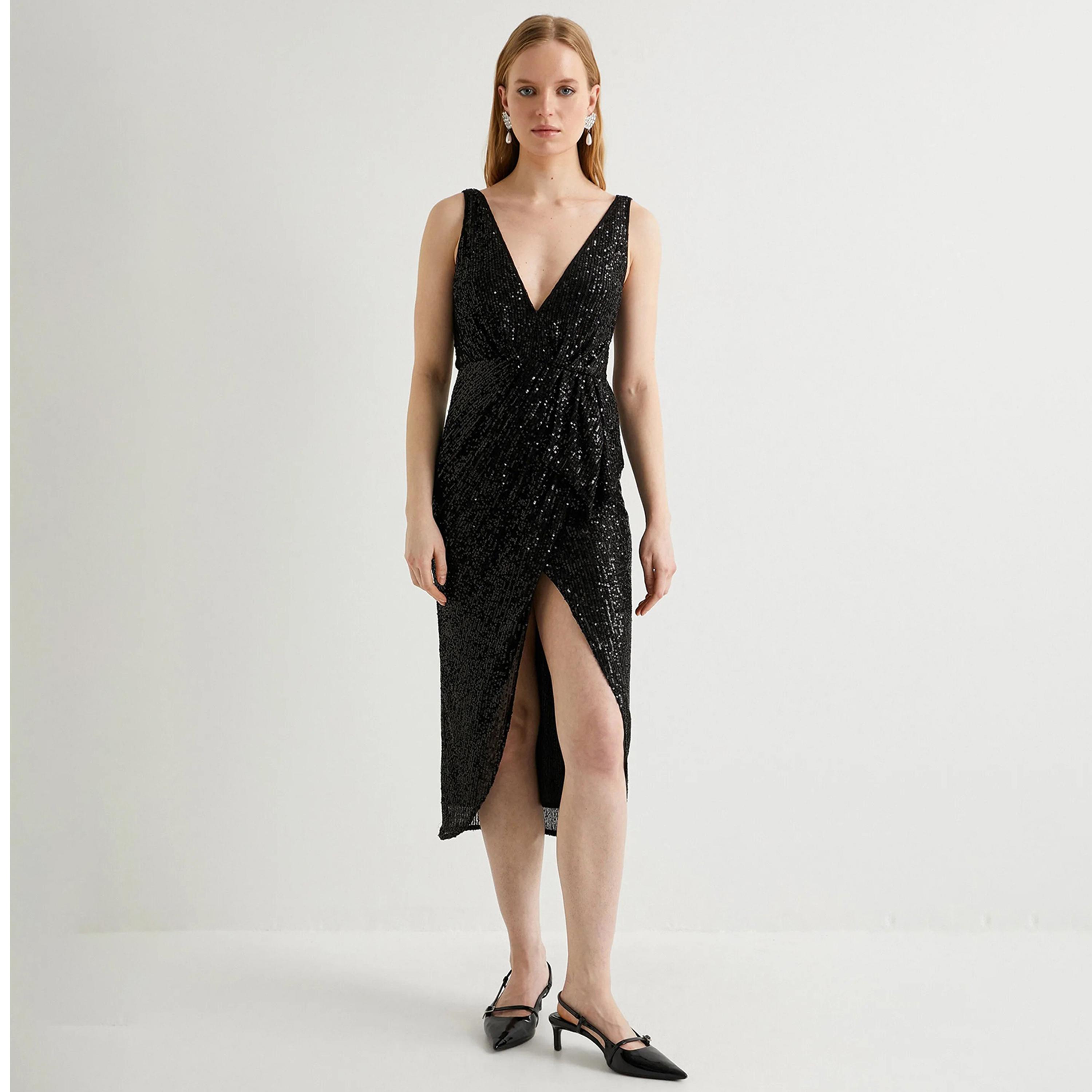 KOTON Black Sequined Wrap Women's Midi Dress-women-clothing-dresses-image-1