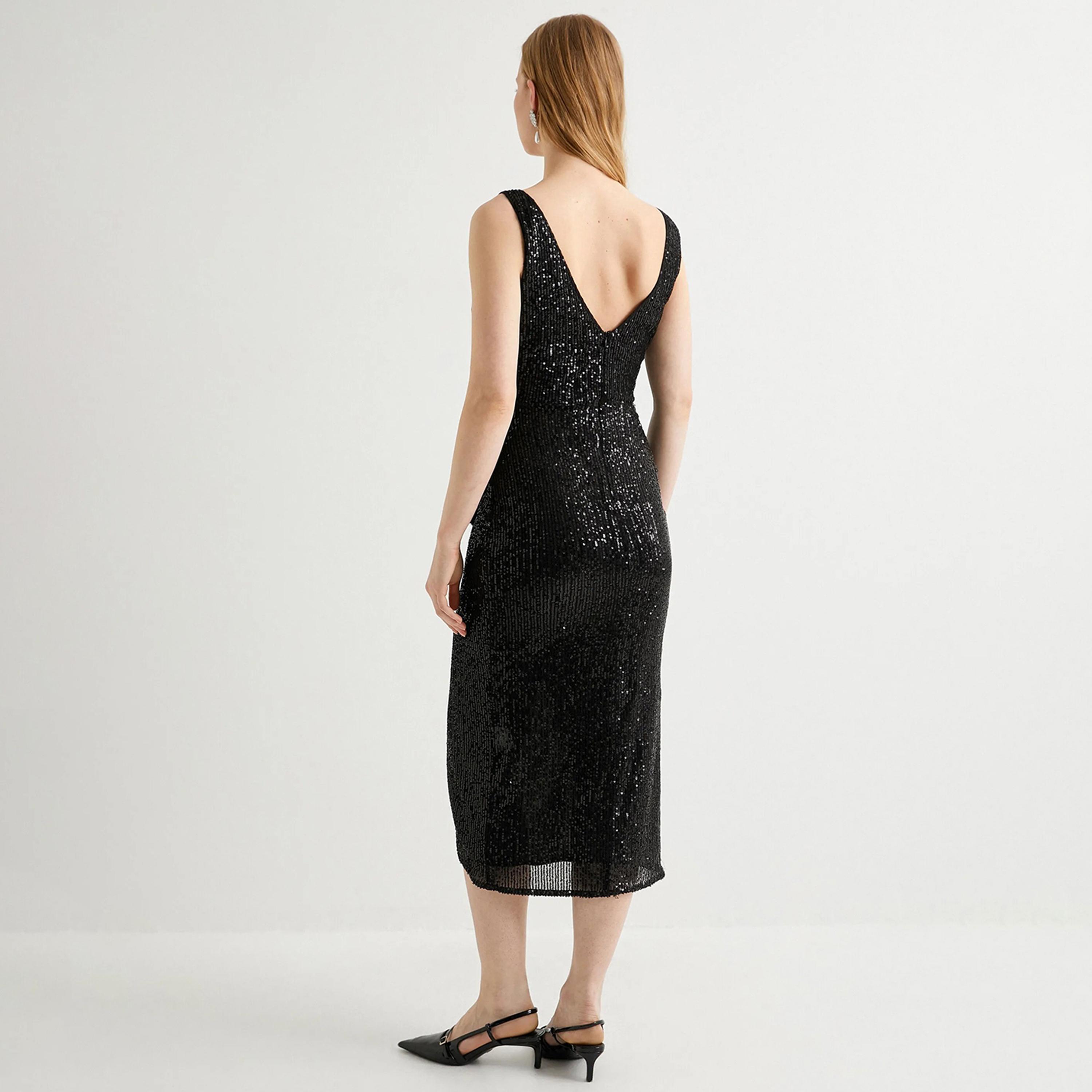 KOTON Black Sequined Wrap Women's Midi Dress-women-clothing-dresses-image-3