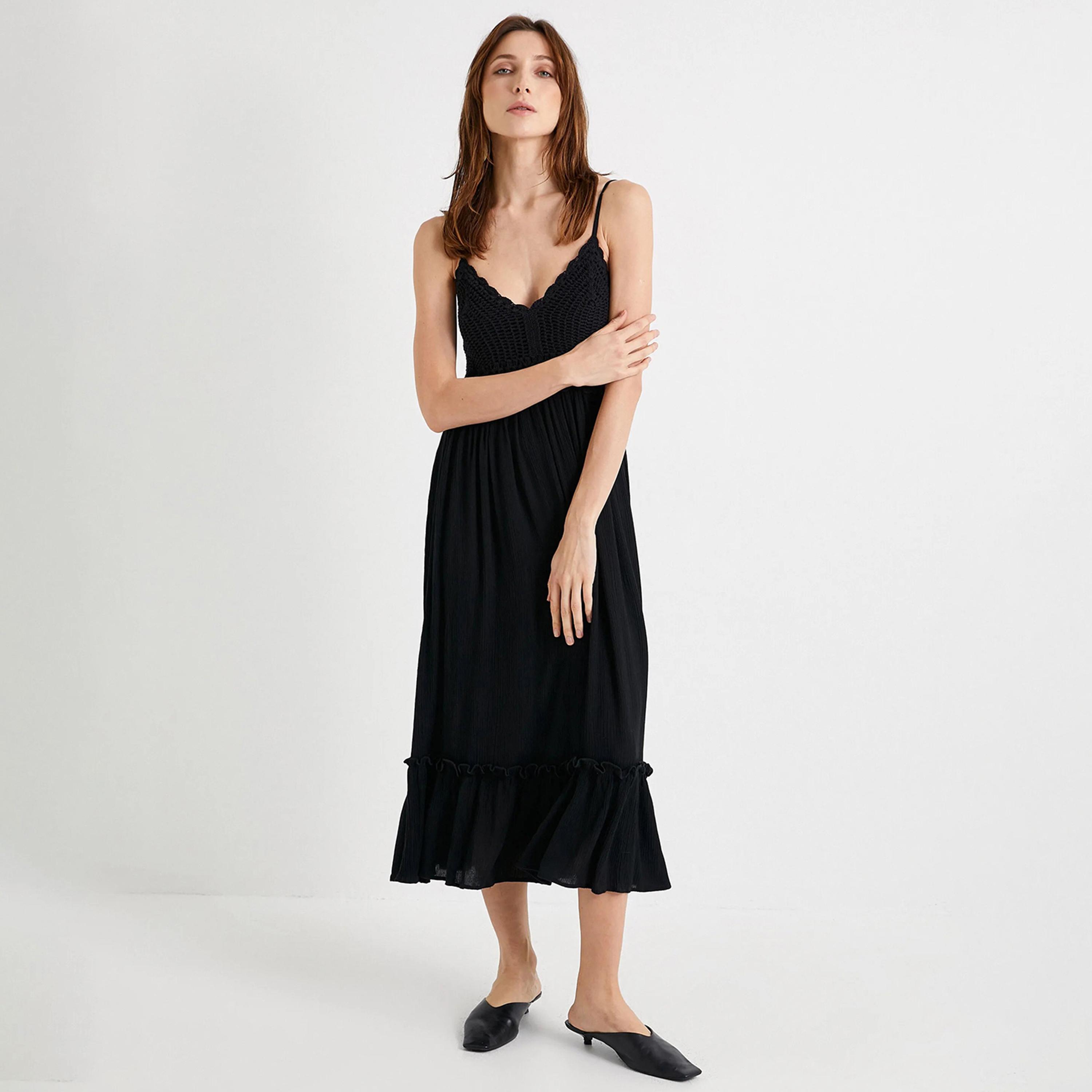 KOTON Black Crochet Shoulder Straps Women's Midi Dress-women-clothing-dresses-image-1