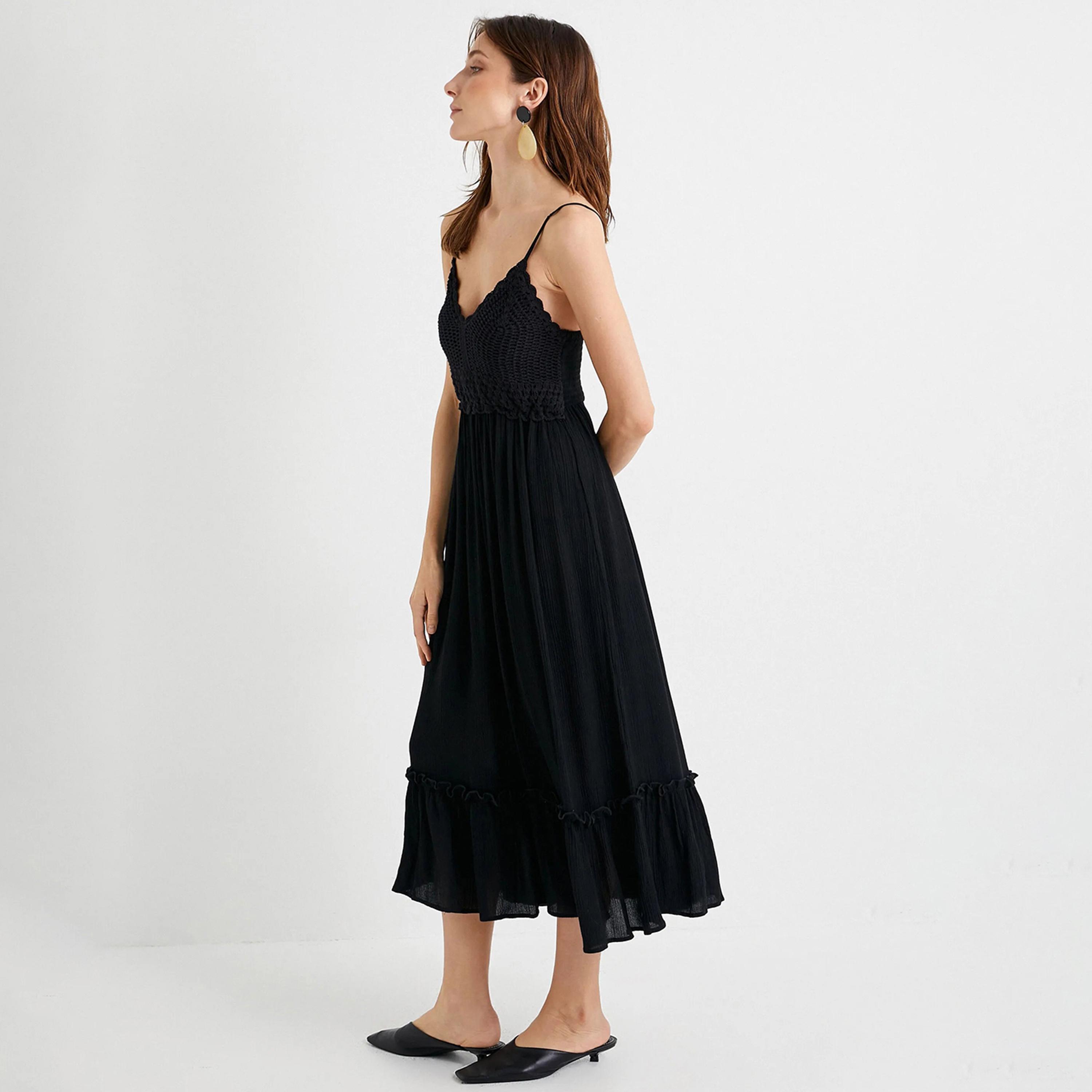 KOTON Black Crochet Shoulder Straps Women's Midi Dress-women-clothing-dresses-image-2