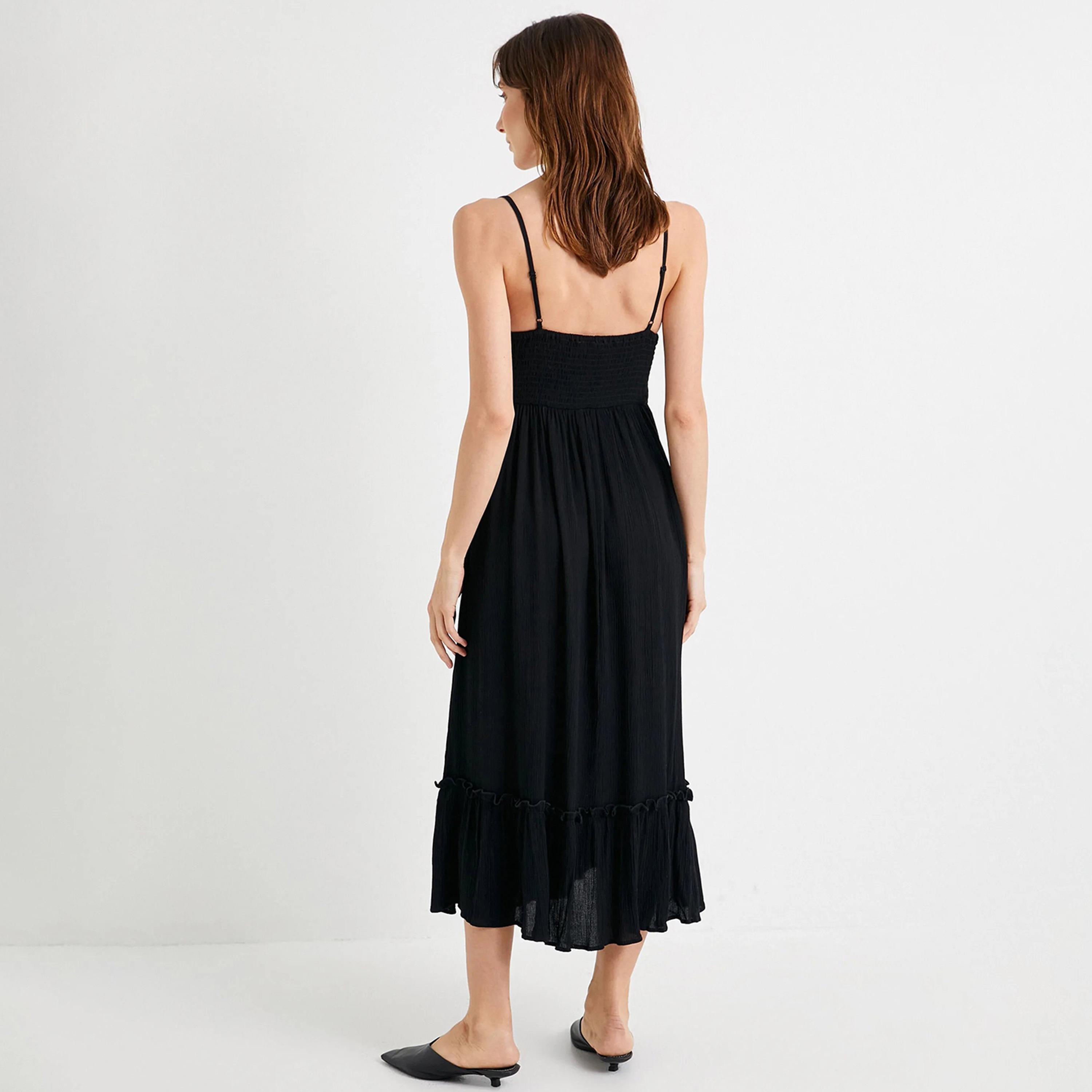 KOTON Black Crochet Shoulder Straps Women's Midi Dress-women-clothing-dresses-image-3