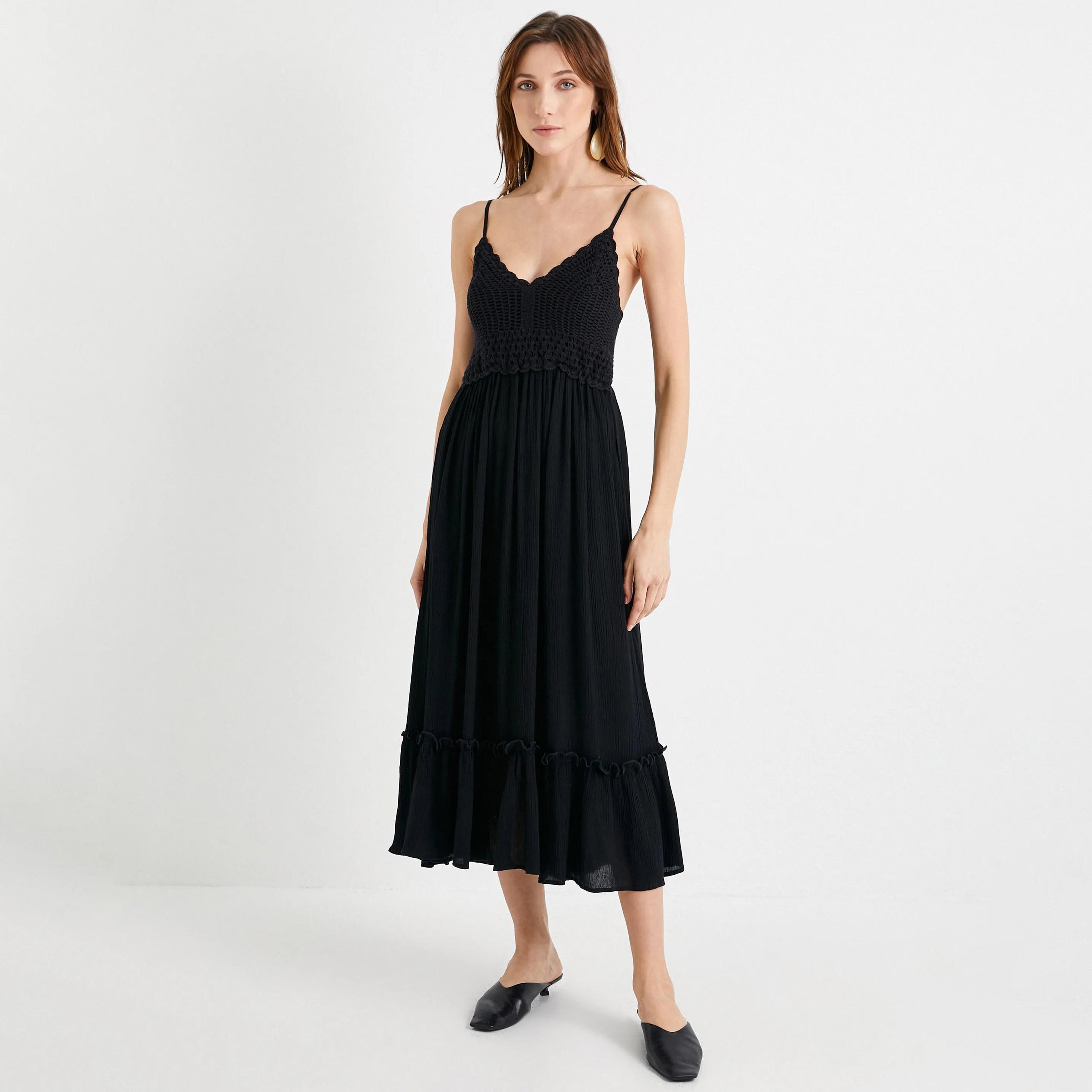 KOTON Black Crochet Shoulder Straps Women's Midi Dress-women-clothing-dresses-image-5