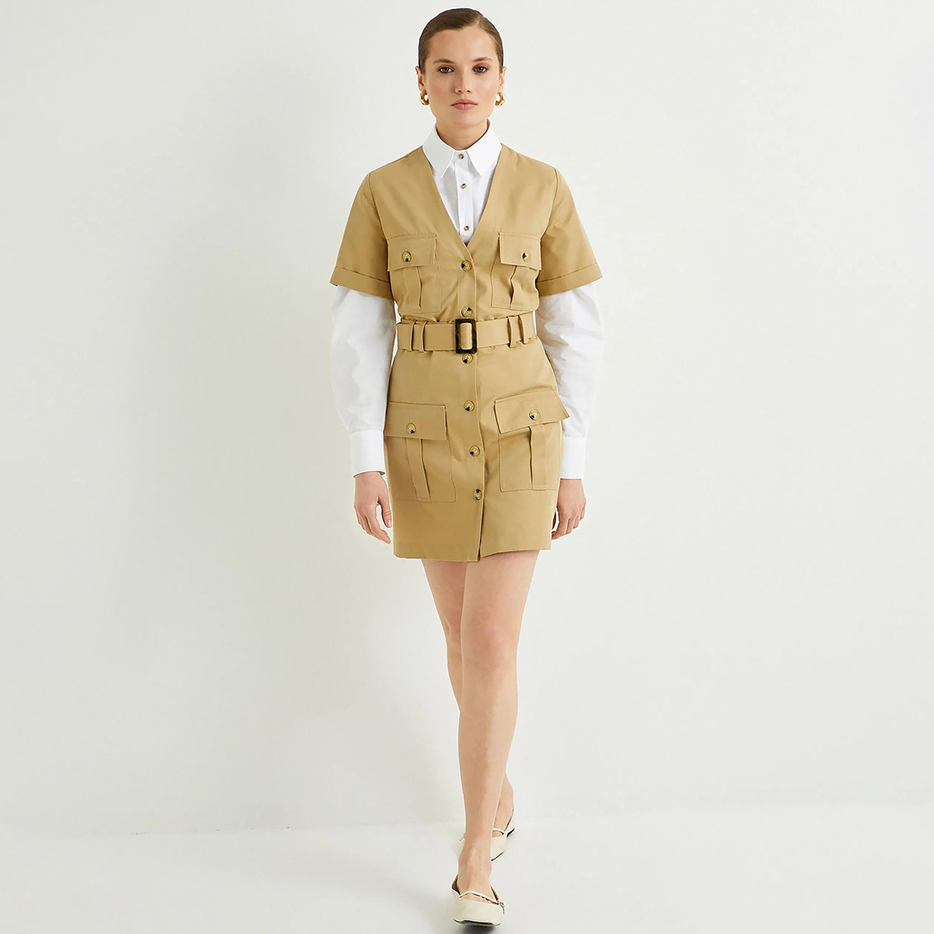 KOTON Beige Plain Women's Mini Shirt Dress-women-clothing-dresses-image-1