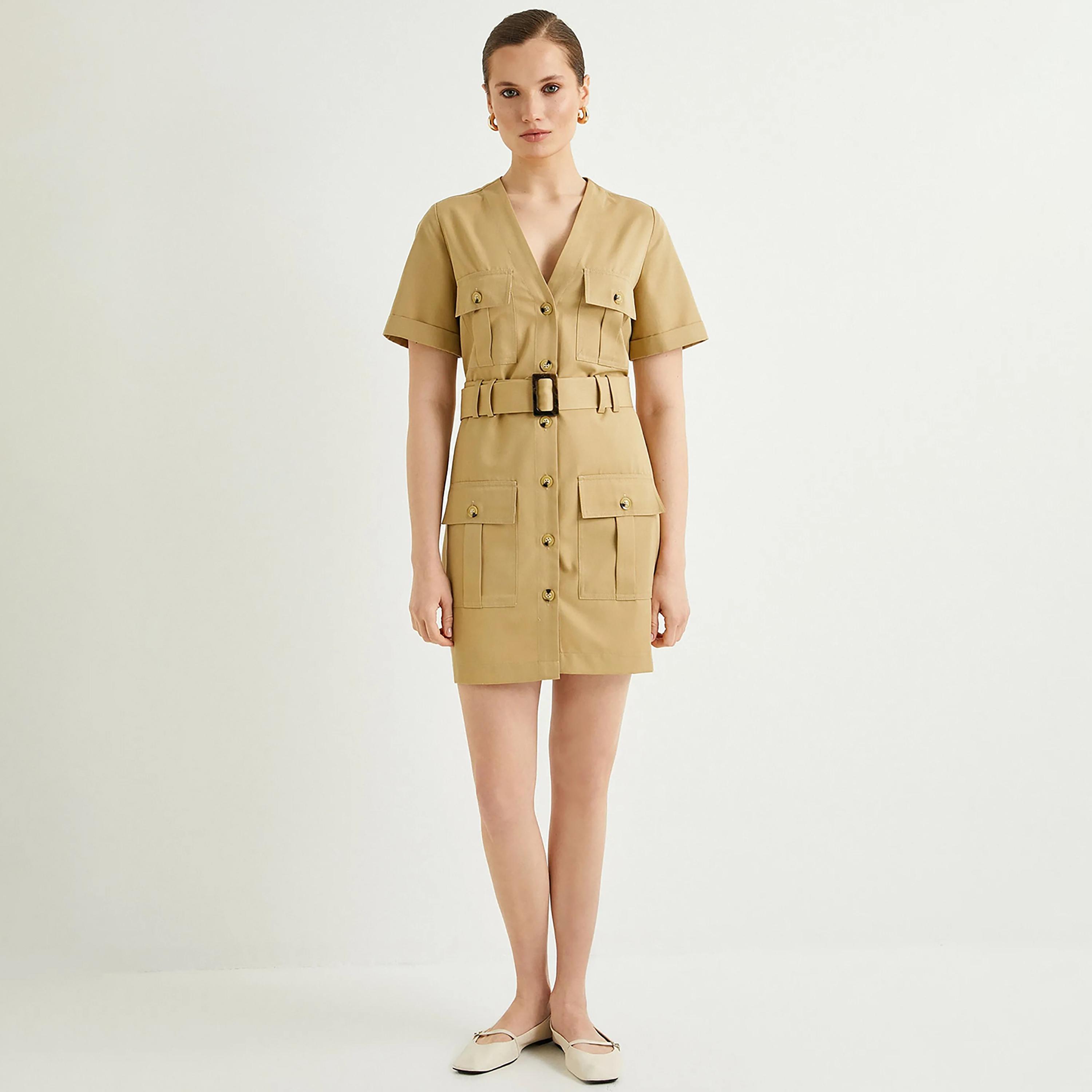 KOTON Beige Plain Women's Mini Shirt Dress-women-clothing-dresses-image-2