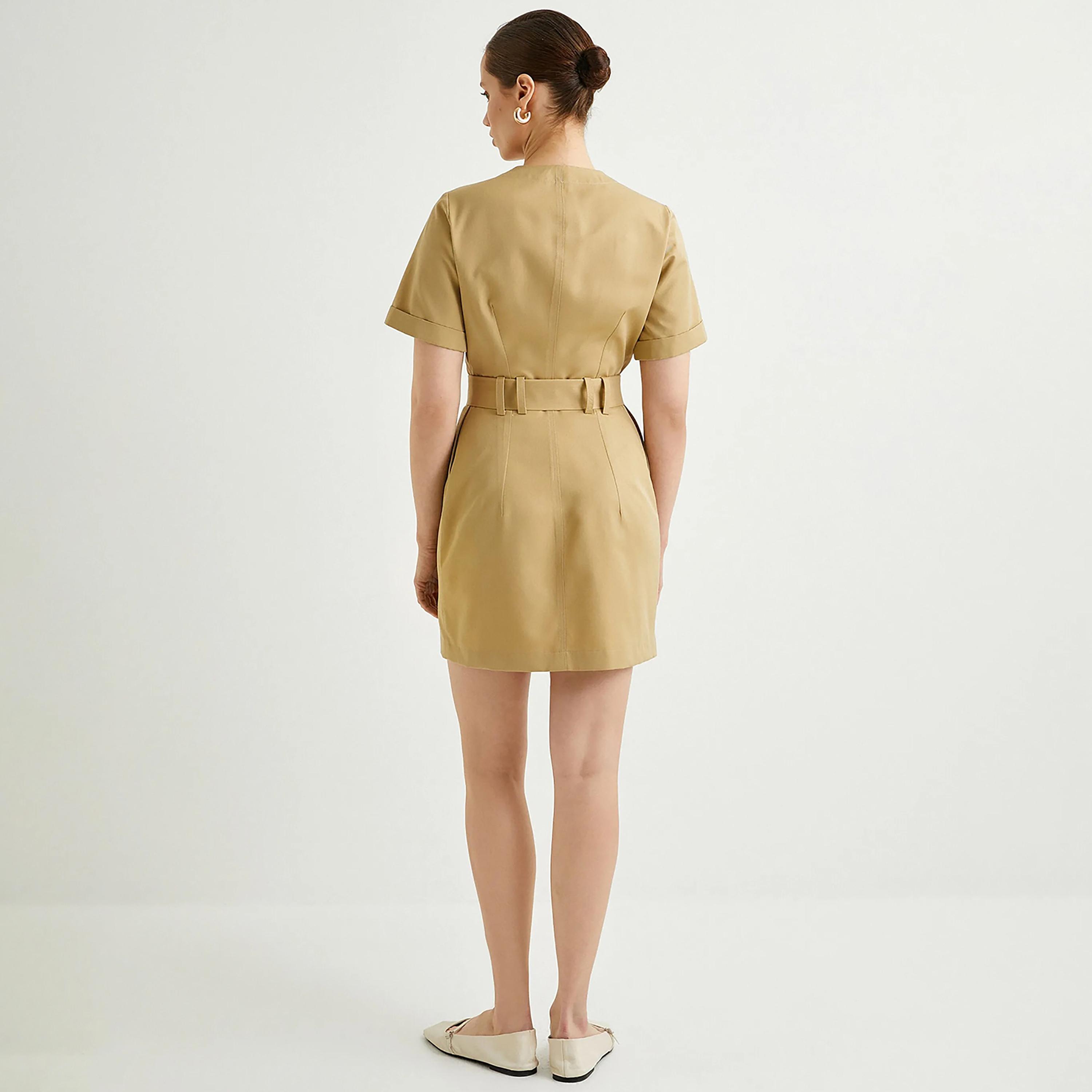 KOTON Beige Plain Women's Mini Shirt Dress-women-clothing-dresses-image-3