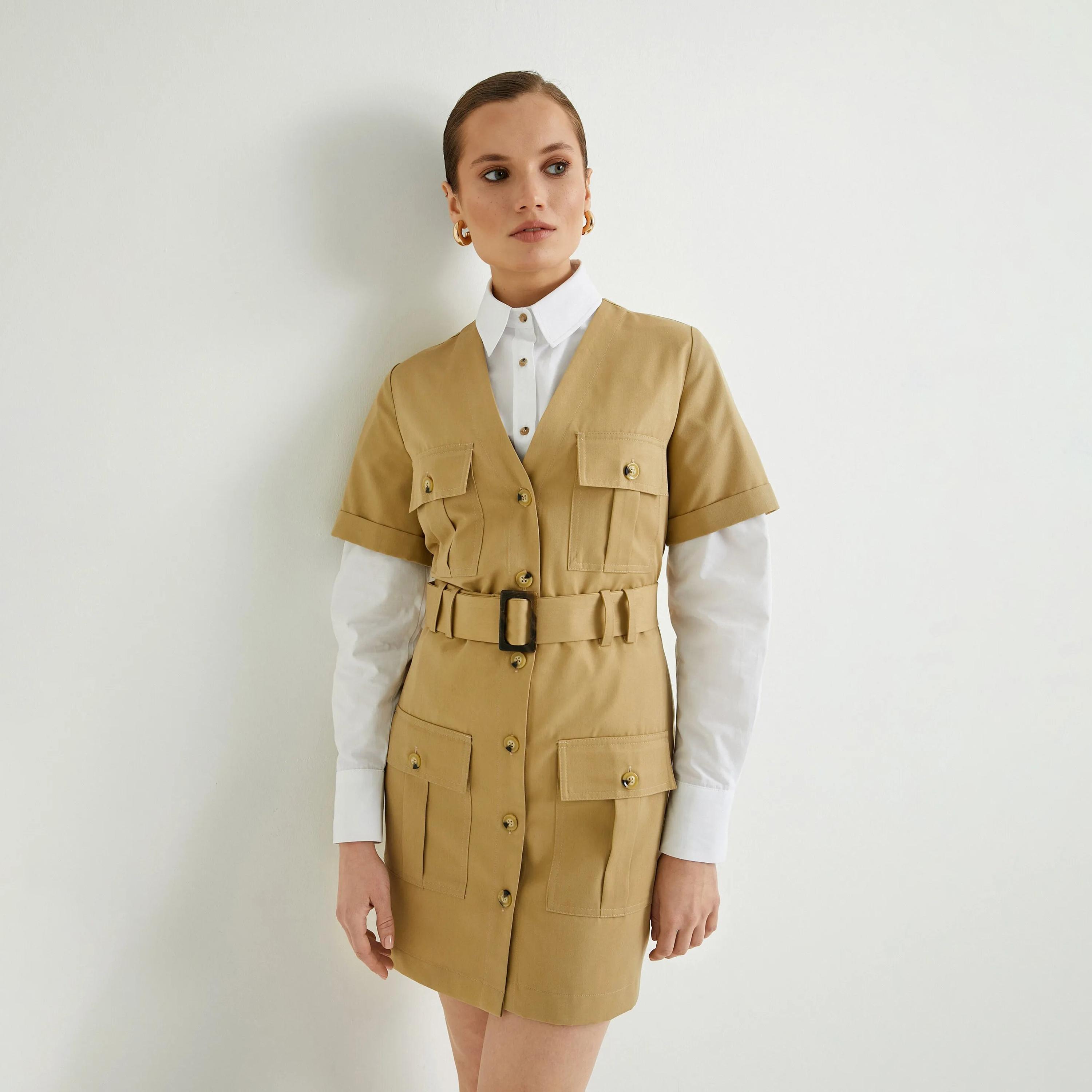 KOTON Beige Plain Women's Mini Shirt Dress-women-clothing-dresses-image-4