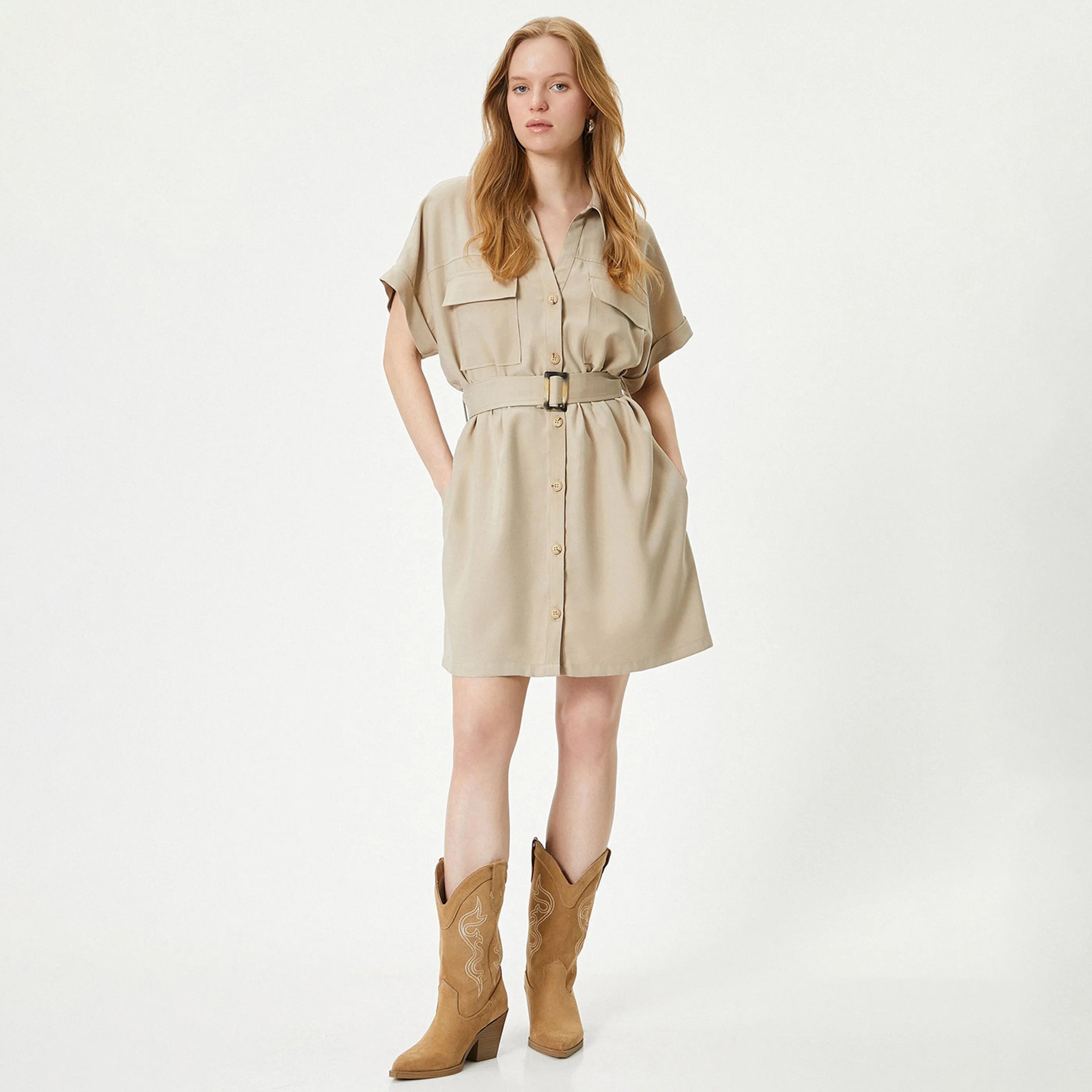 فستان قميص نسائي بياقة سادة باللون البيج من كوتون-women-clothing-dresses-image-1