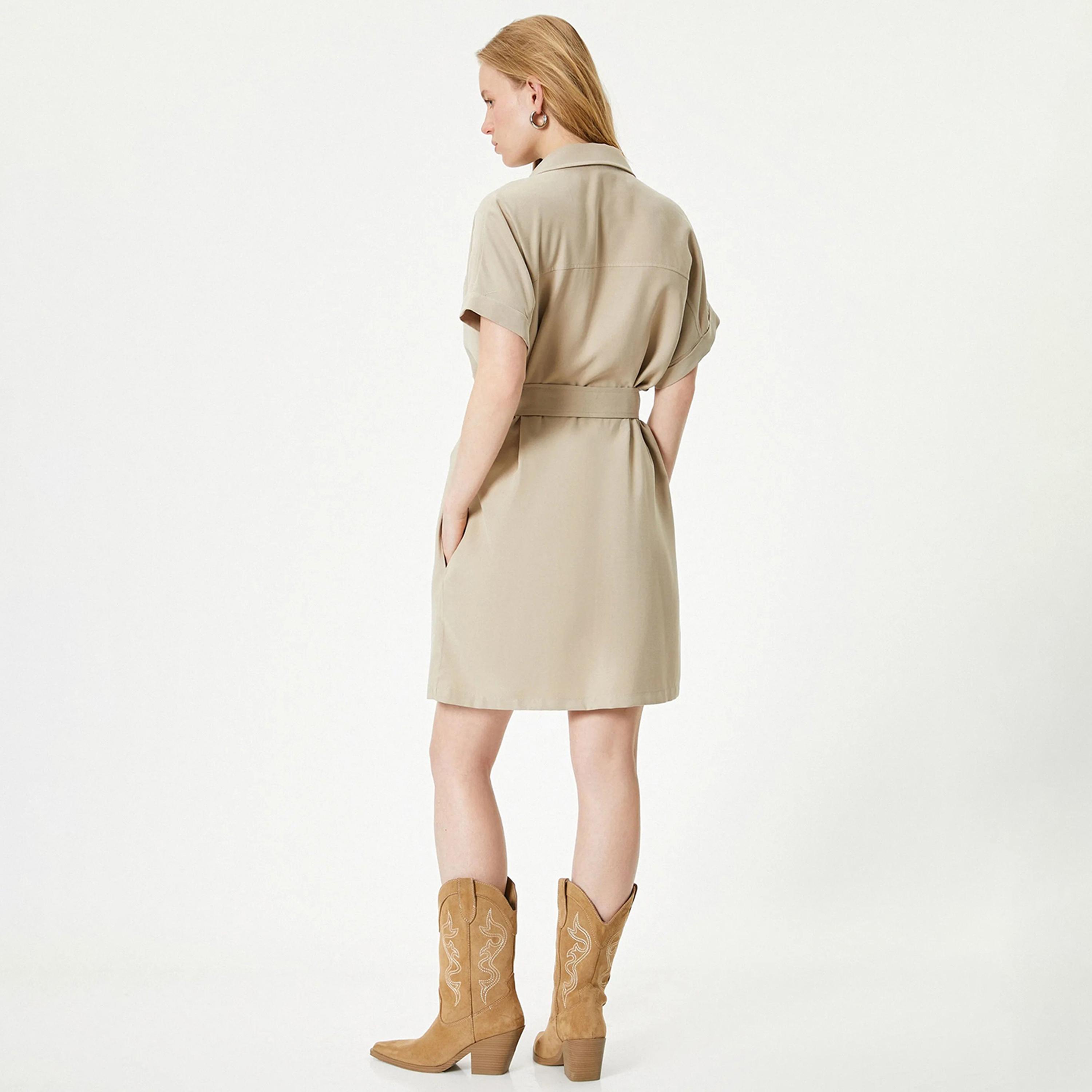فستان قميص نسائي بياقة سادة باللون البيج من كوتون-women-clothing-dresses-image-3