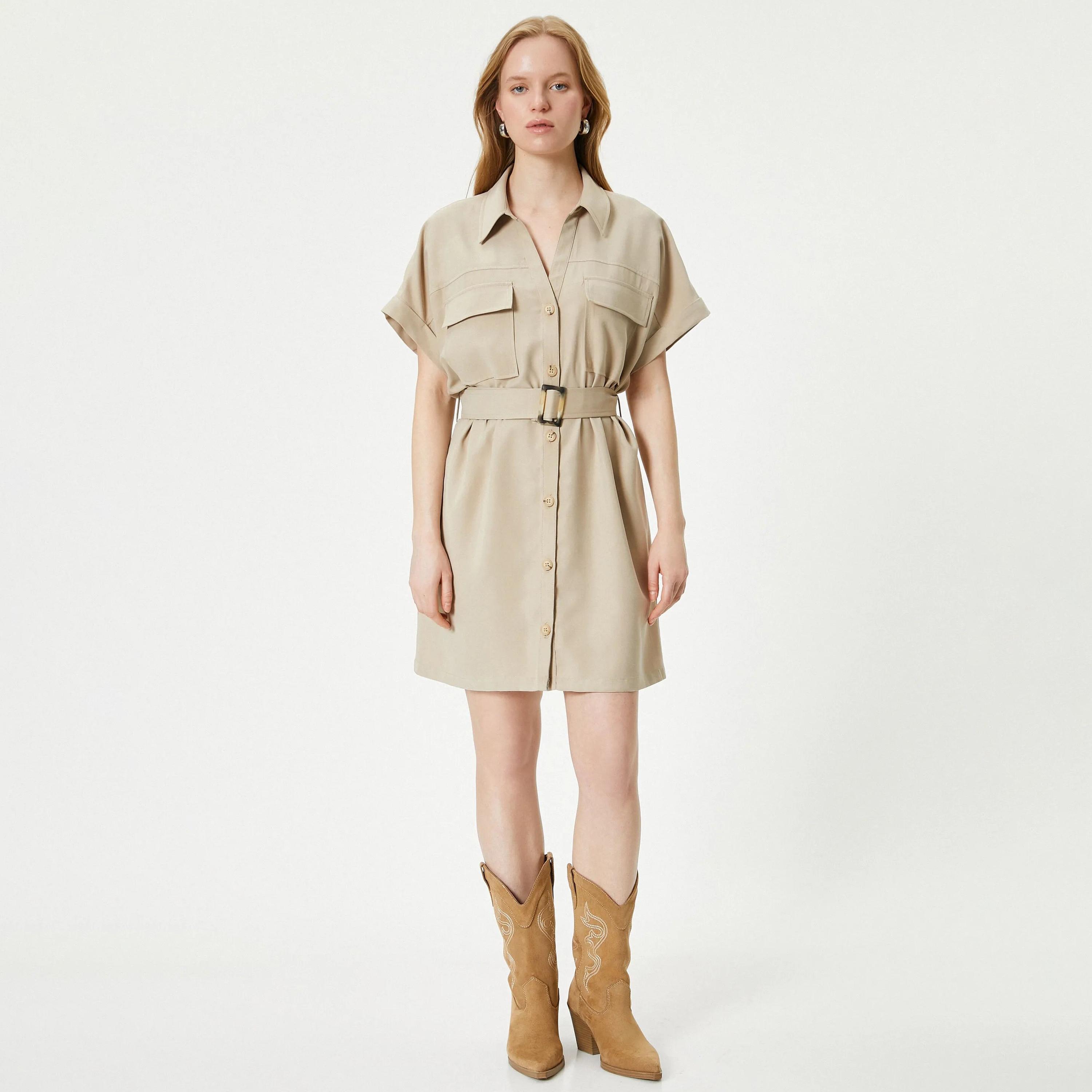 فستان قميص نسائي بياقة سادة باللون البيج من كوتون-women-clothing-dresses-image-5