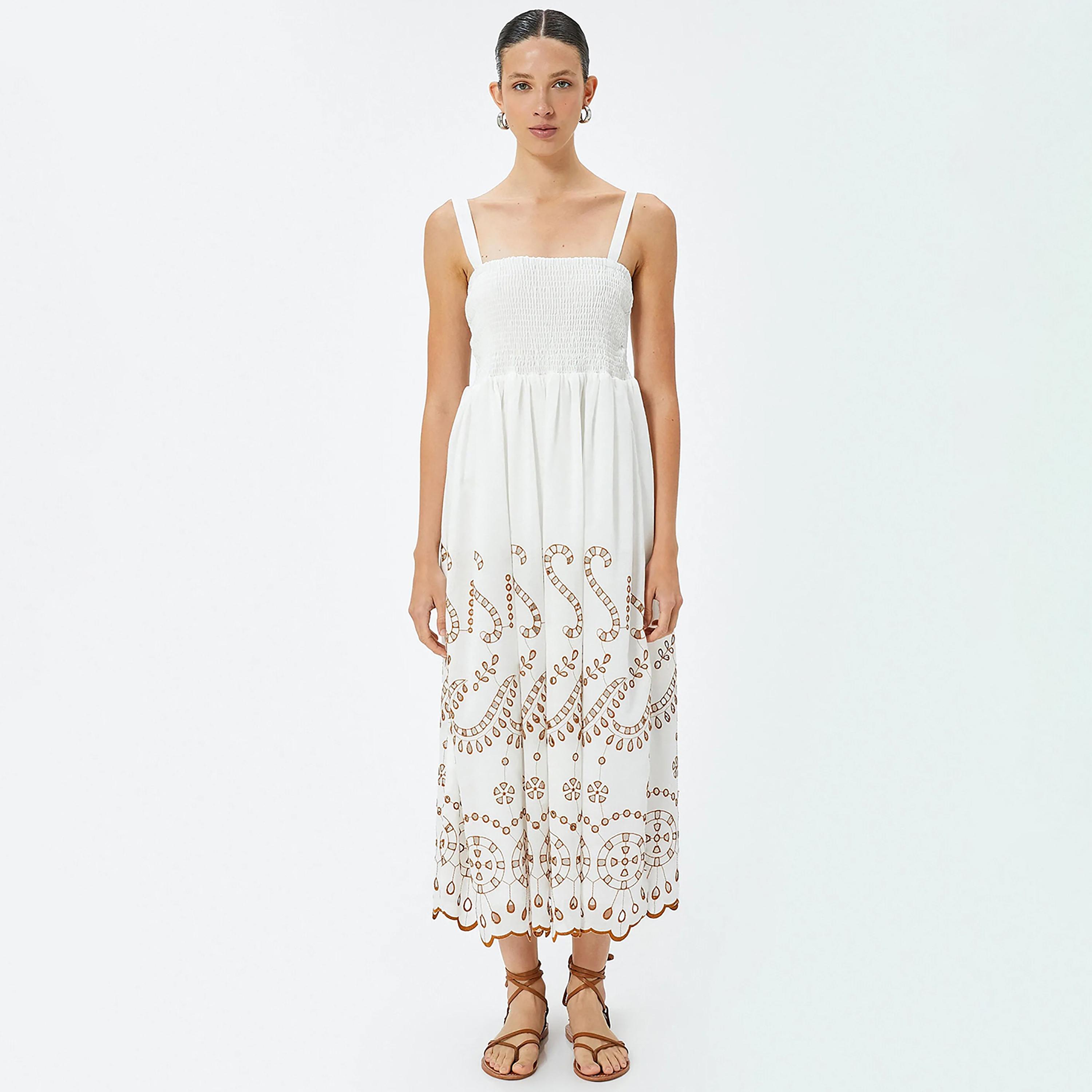 KOTON White Smocked Shoulder Straps Women's Midi Dress-women-clothing-dresses-image-1