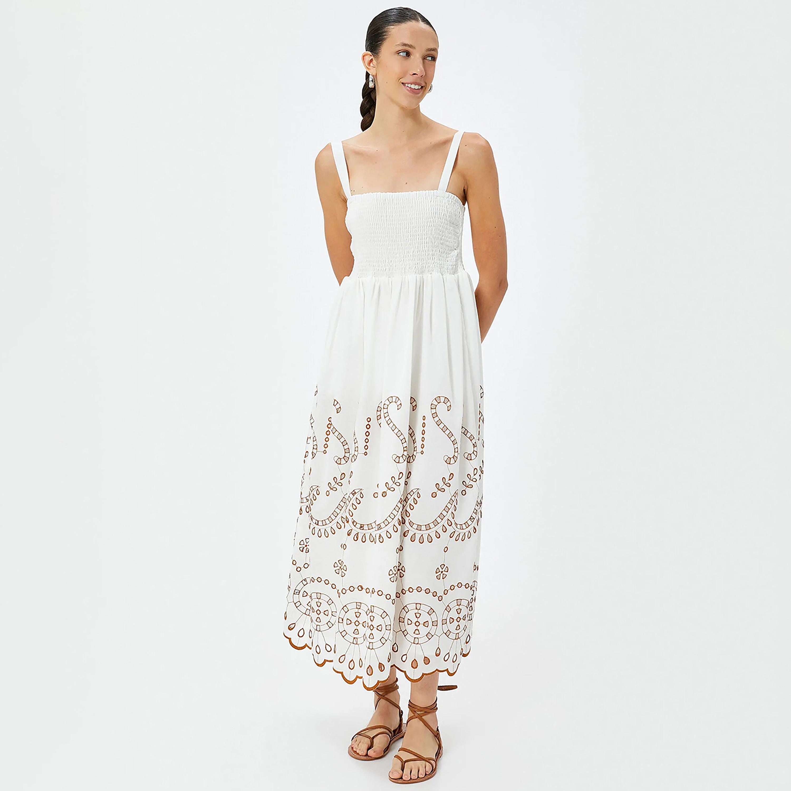 KOTON White Smocked Shoulder Straps Women's Midi Dress-women-clothing-dresses-image-2