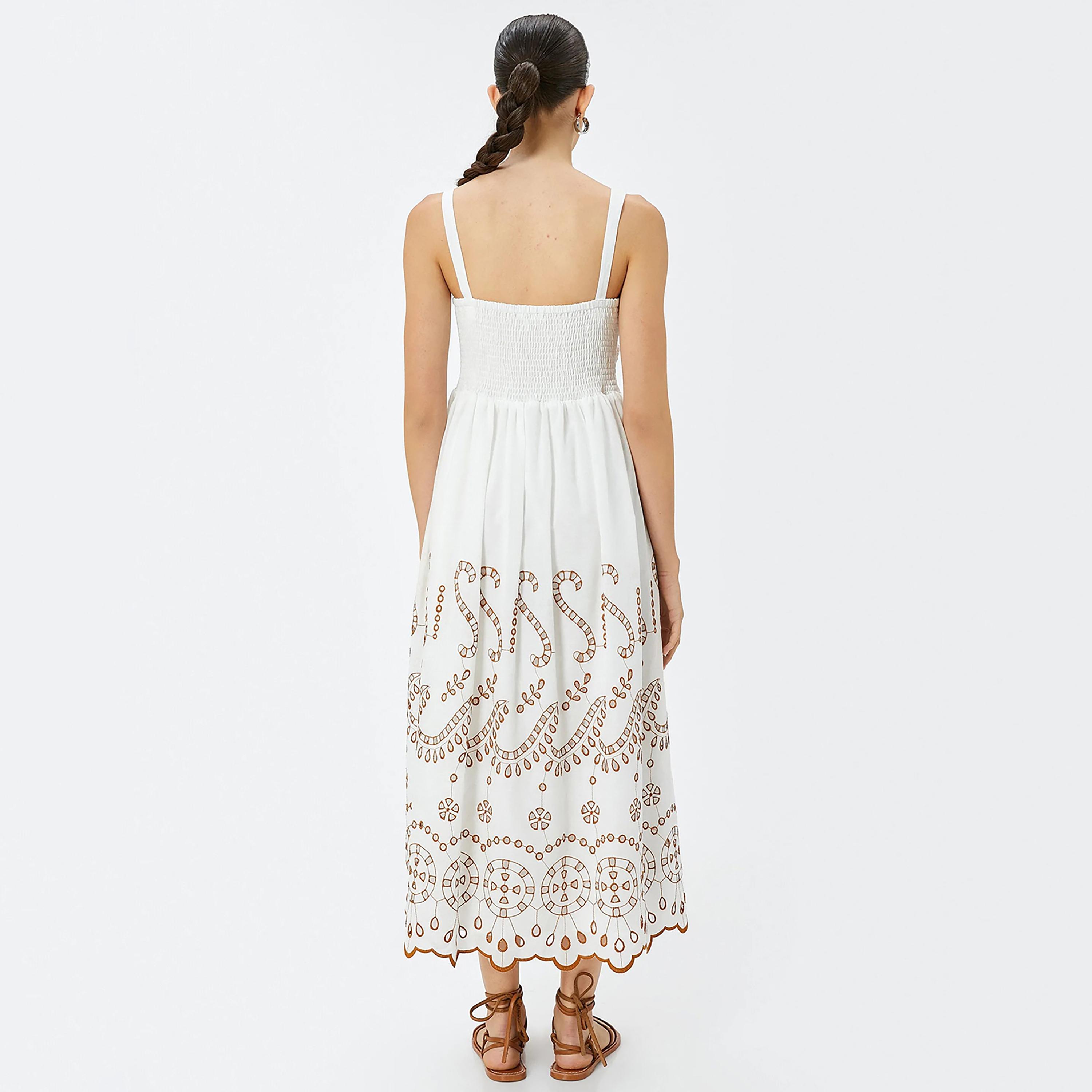 KOTON White Smocked Shoulder Straps Women's Midi Dress-women-clothing-dresses-image-3