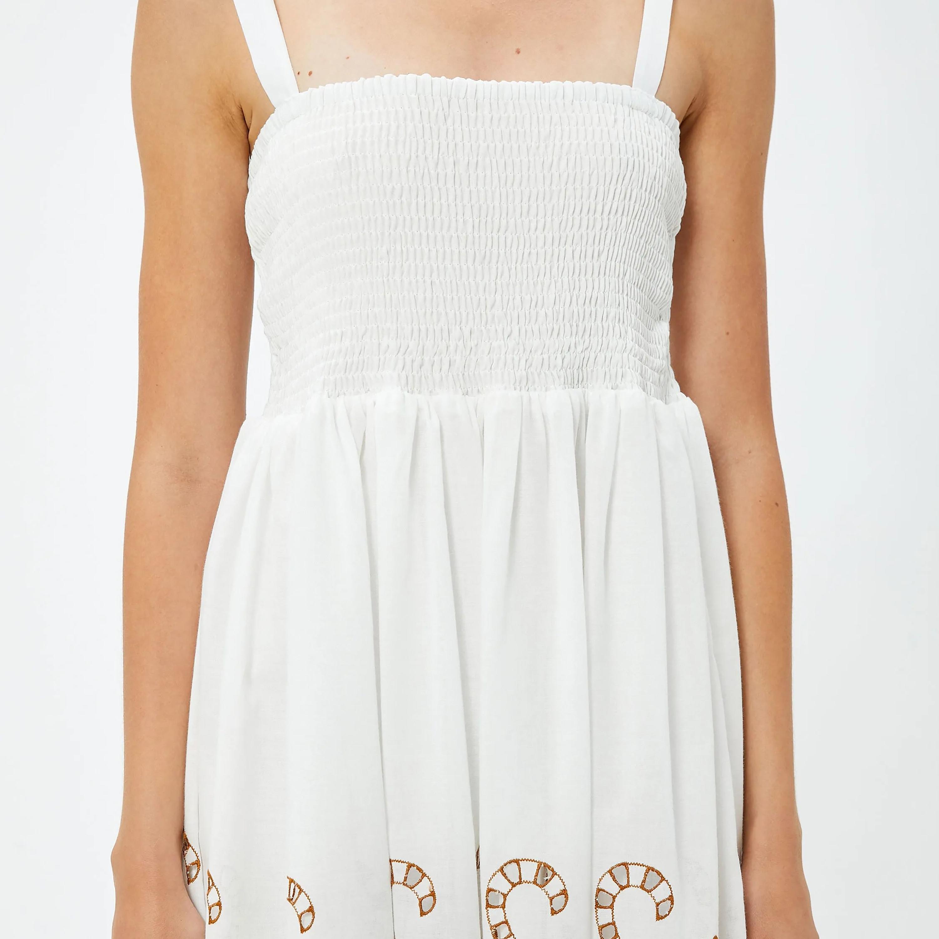 KOTON White Smocked Shoulder Straps Women's Midi Dress-women-clothing-dresses-image-4
