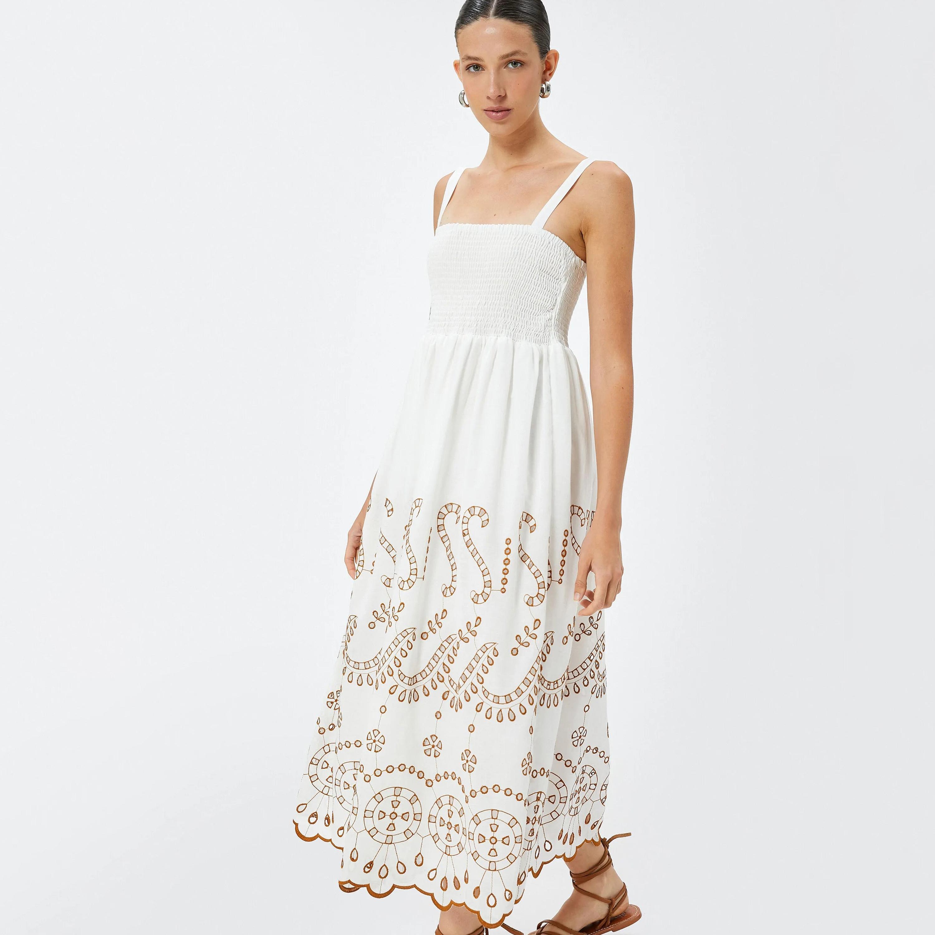 KOTON White Smocked Shoulder Straps Women's Midi Dress-women-clothing-dresses-image-5