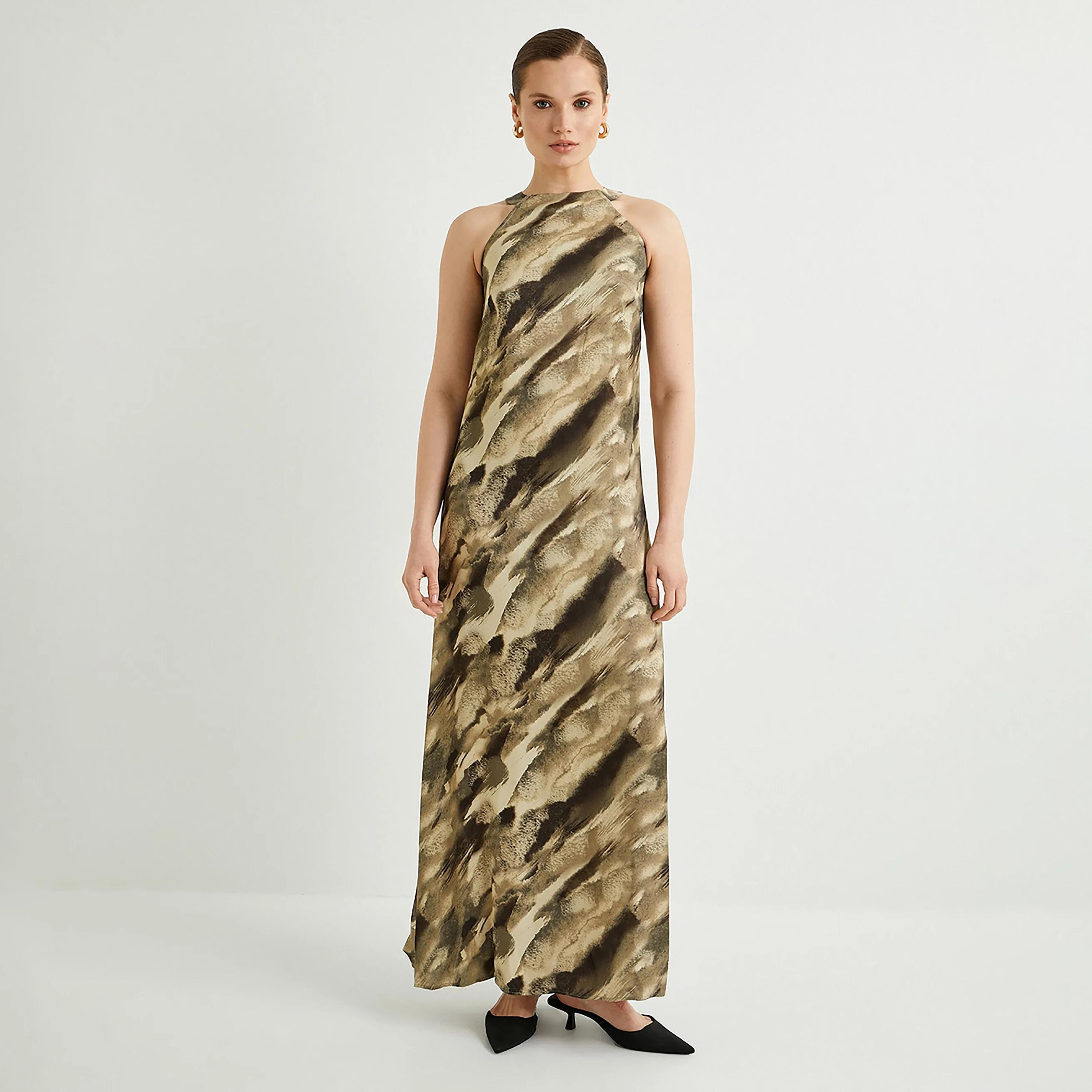 KOTON Green Abstract Print Halter Neck Women's Maxi Dress-women-clothing-dresses-image-1