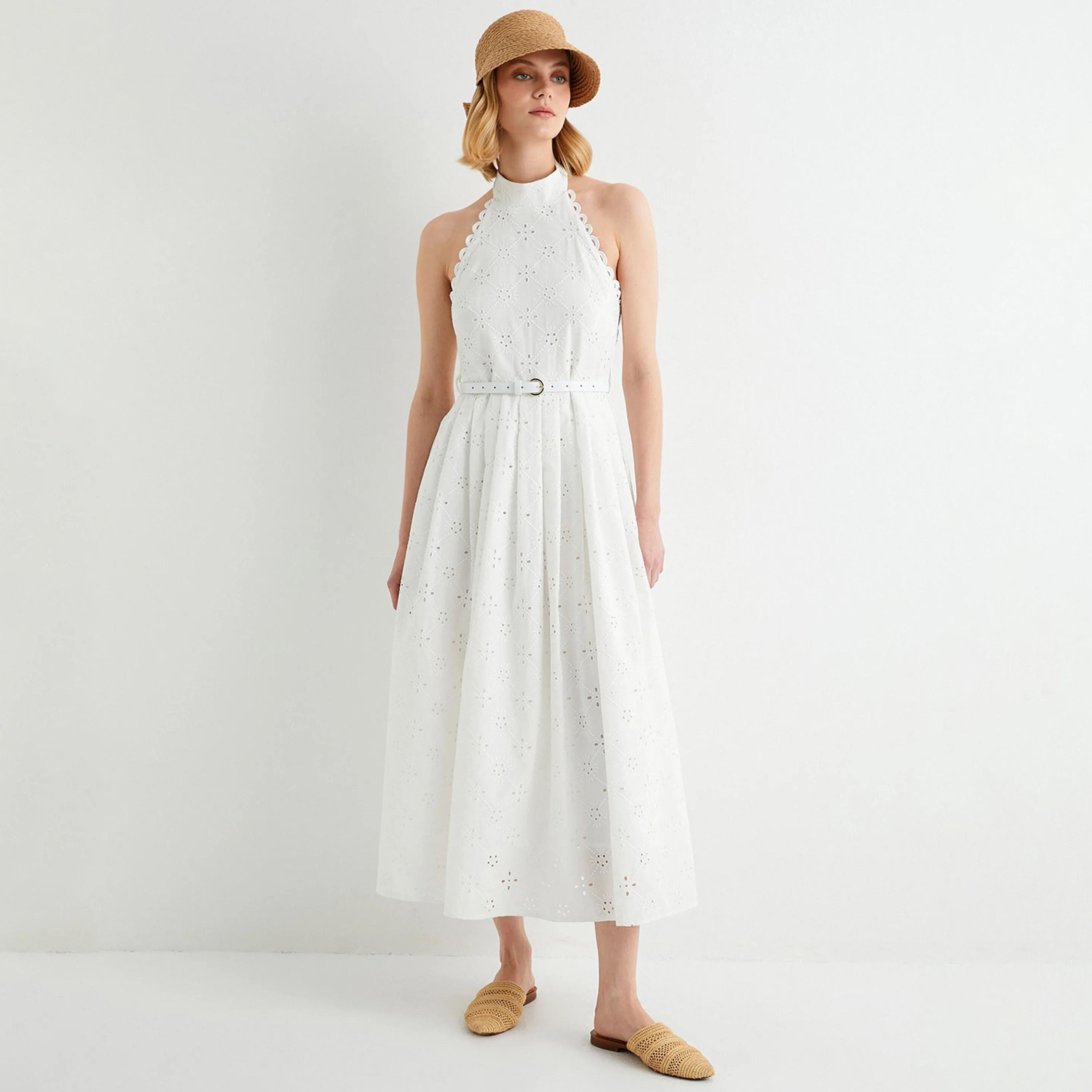 KOTON White Cutwork Embroidered Halter Neck Pleated Women's Midi Dress-women-clothing-dresses-image-1