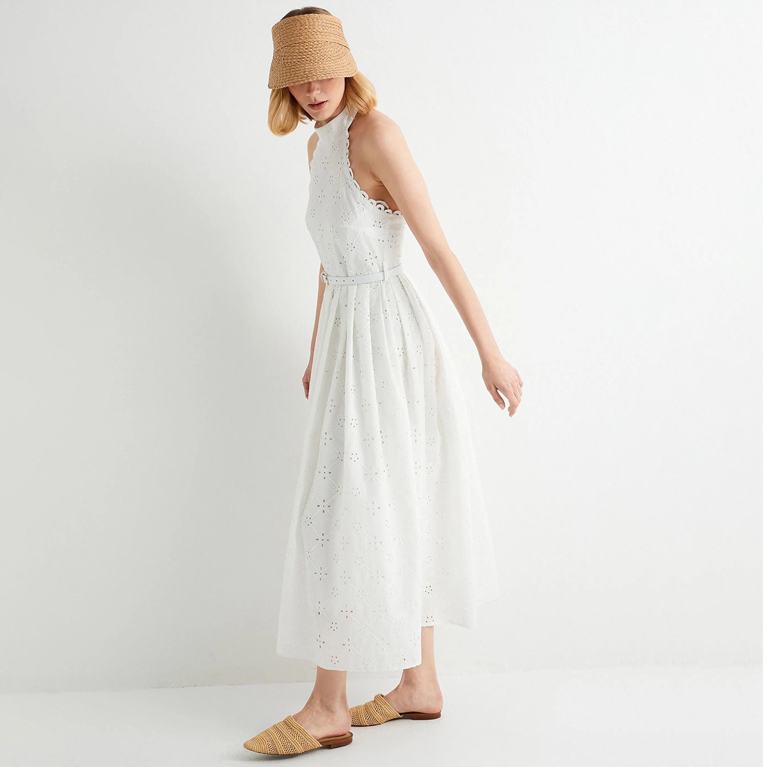 KOTON White Cutwork Embroidered Halter Neck Pleated Women's Midi Dress-women-clothing-dresses-image-2