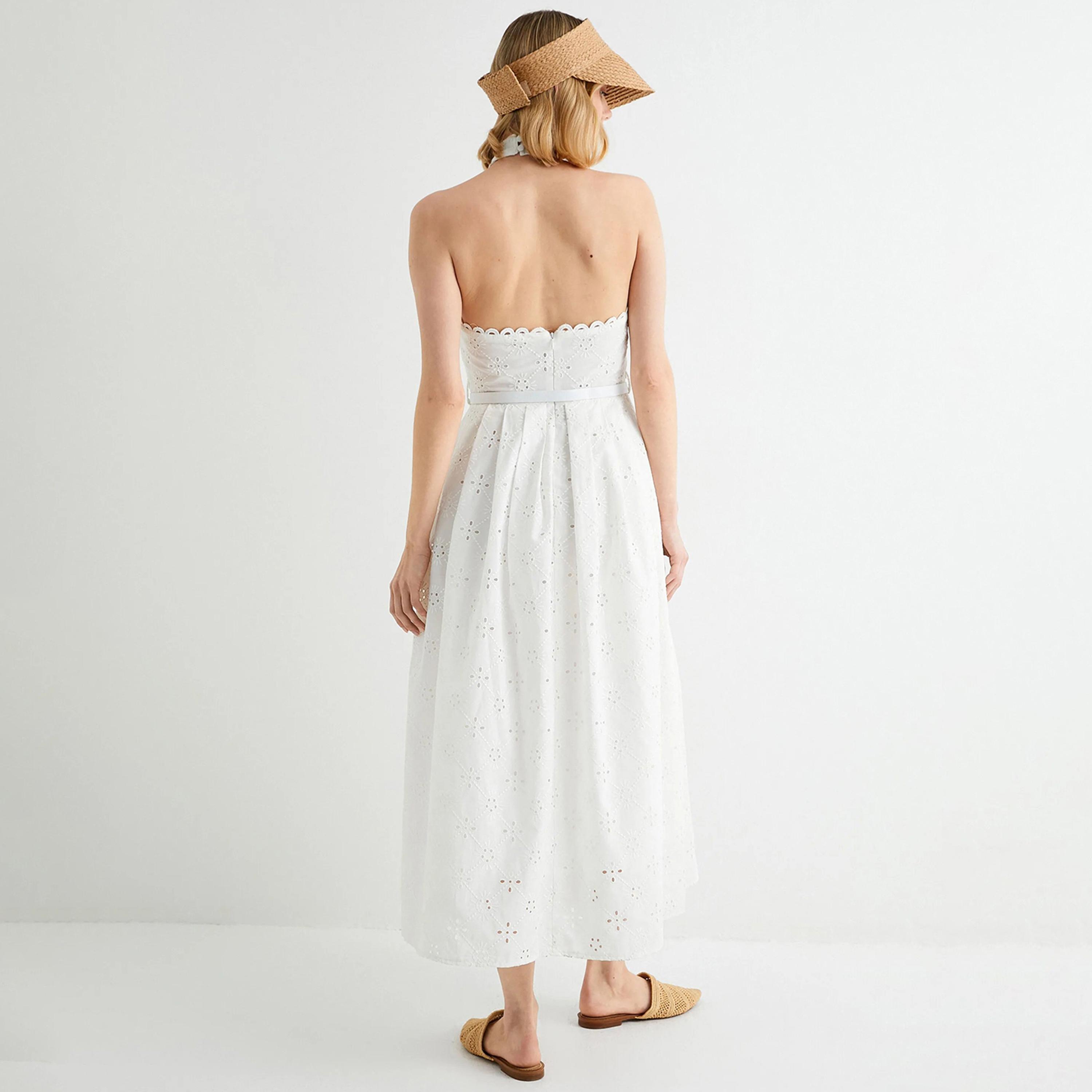KOTON White Cutwork Embroidered Halter Neck Pleated Women's Midi Dress-women-clothing-dresses-image-3