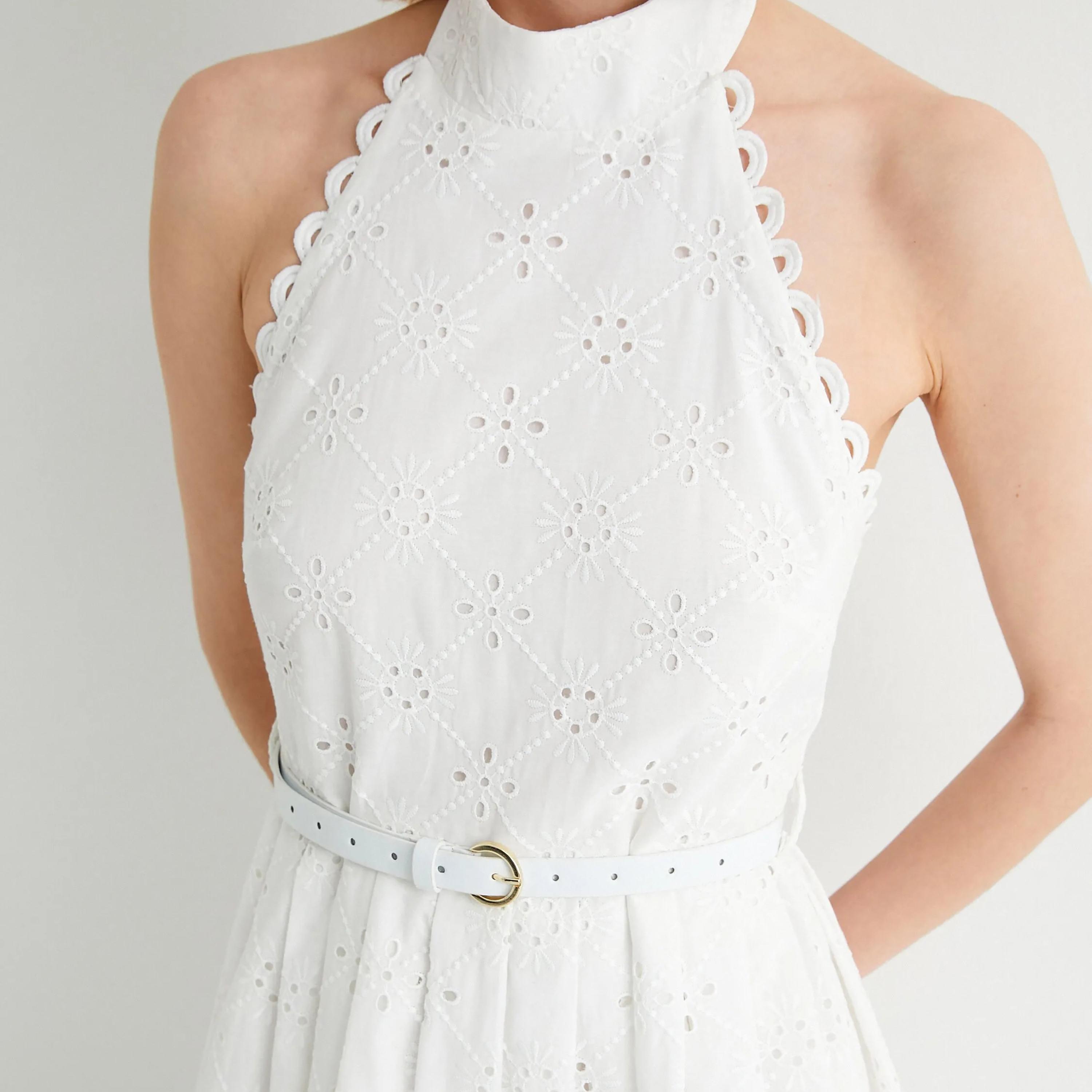 KOTON White Cutwork Embroidered Halter Neck Pleated Women's Midi Dress-women-clothing-dresses-image-4