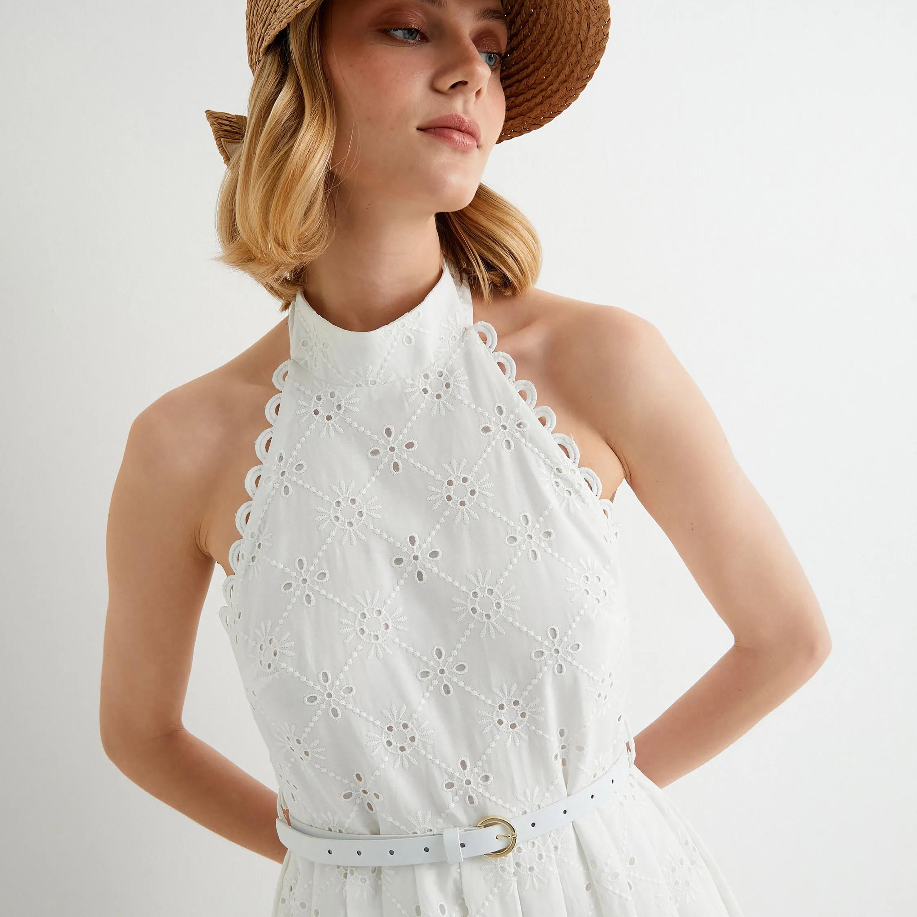 KOTON White Cutwork Embroidered Halter Neck Pleated Women's Midi Dress-women-clothing-dresses-image-5