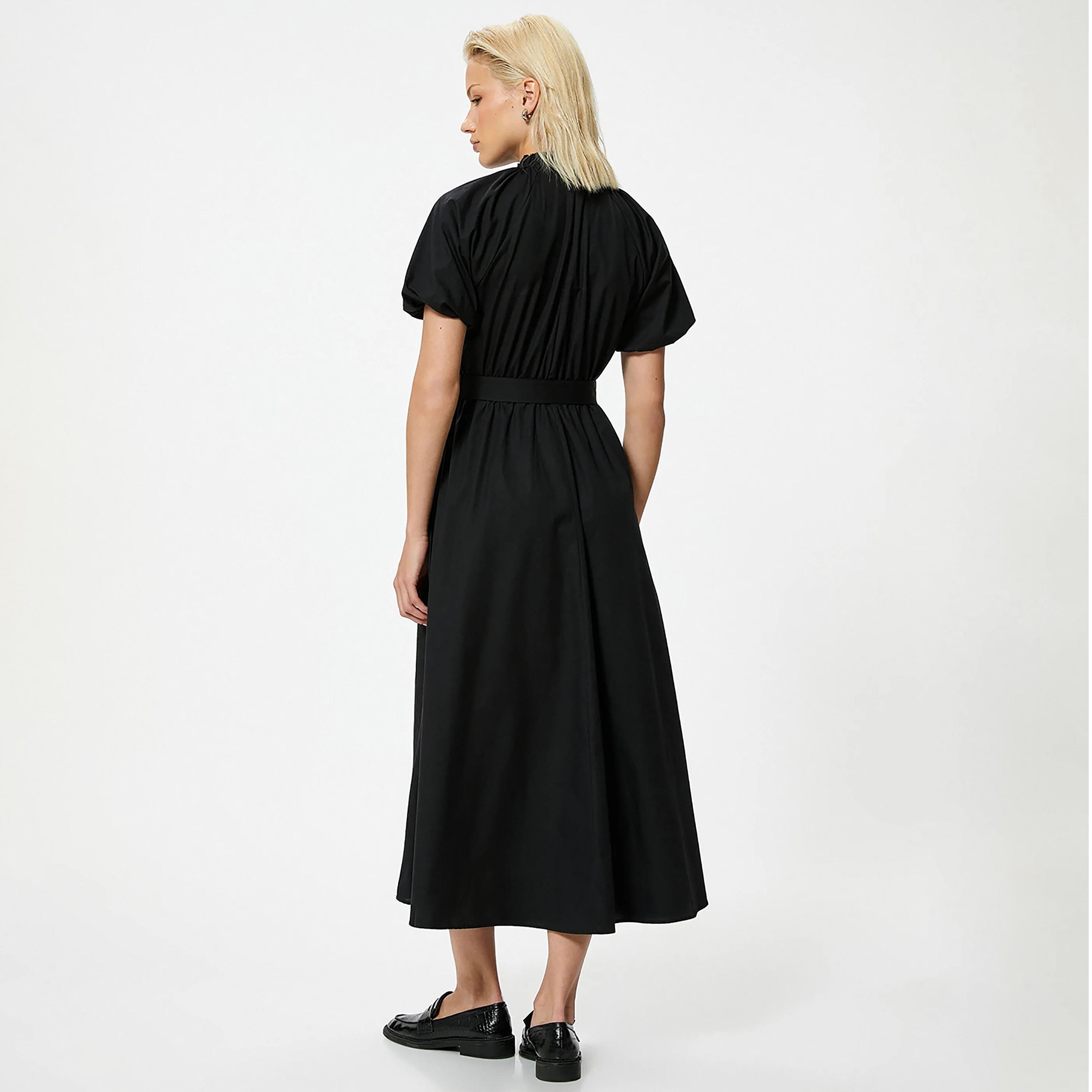 KOTON Black Plain Cotton Ruffled Neck Puff Sleeves Belted Women's Midi Dress-women-clothing-dresses-image-3